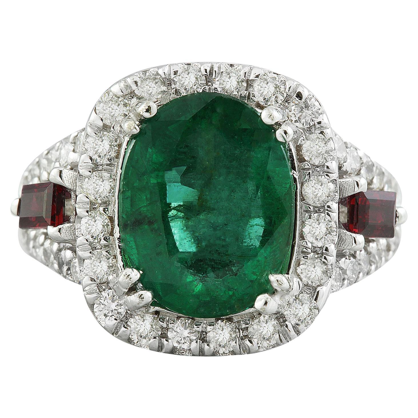 Natural Emerald and Ruby Diamond Ring in 14 Karat Solid White Gold  For Sale