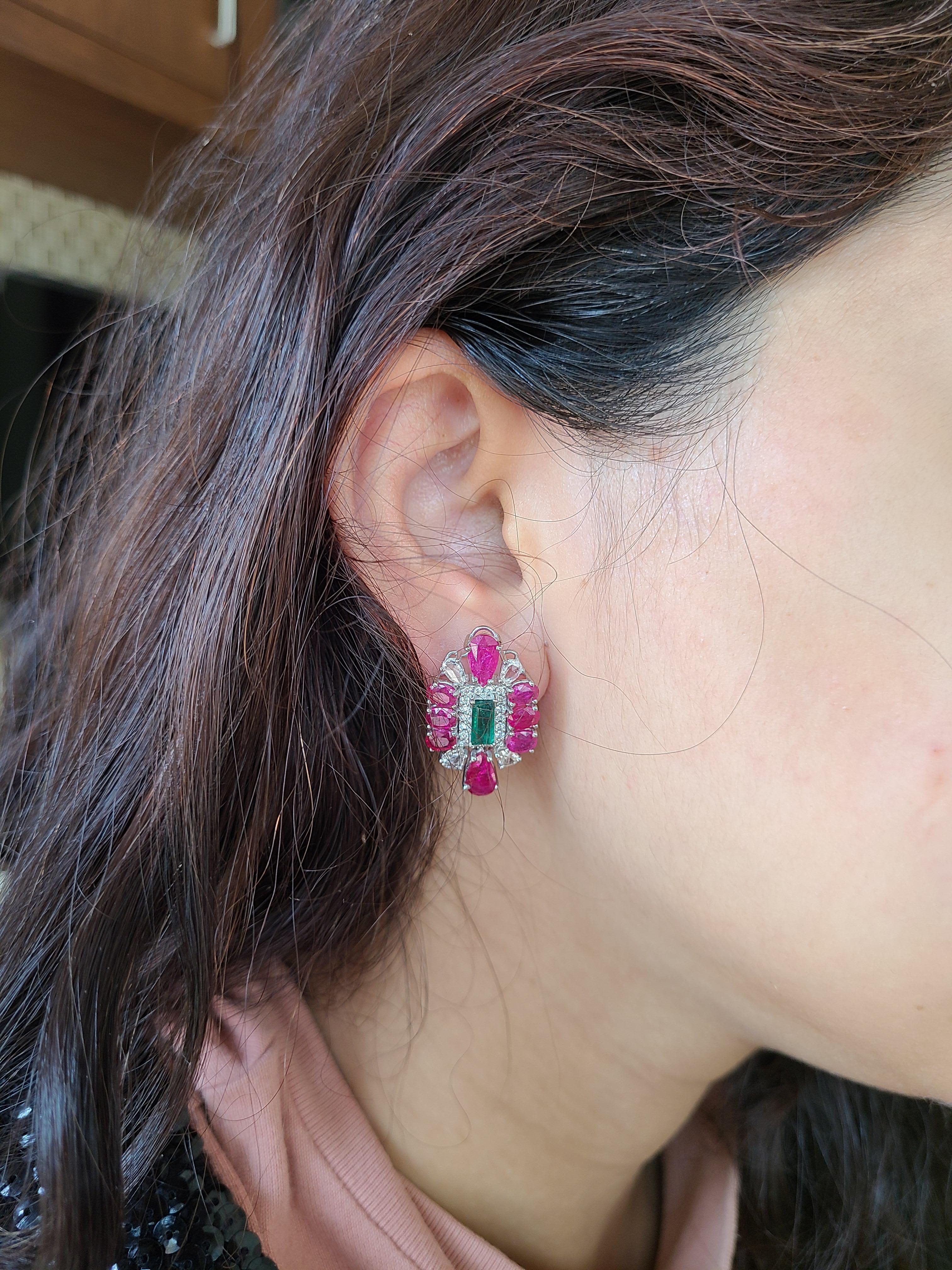 Natural Emerald and Ruby Earrings/Studs with Diamonds in 18 Karat Gold 4