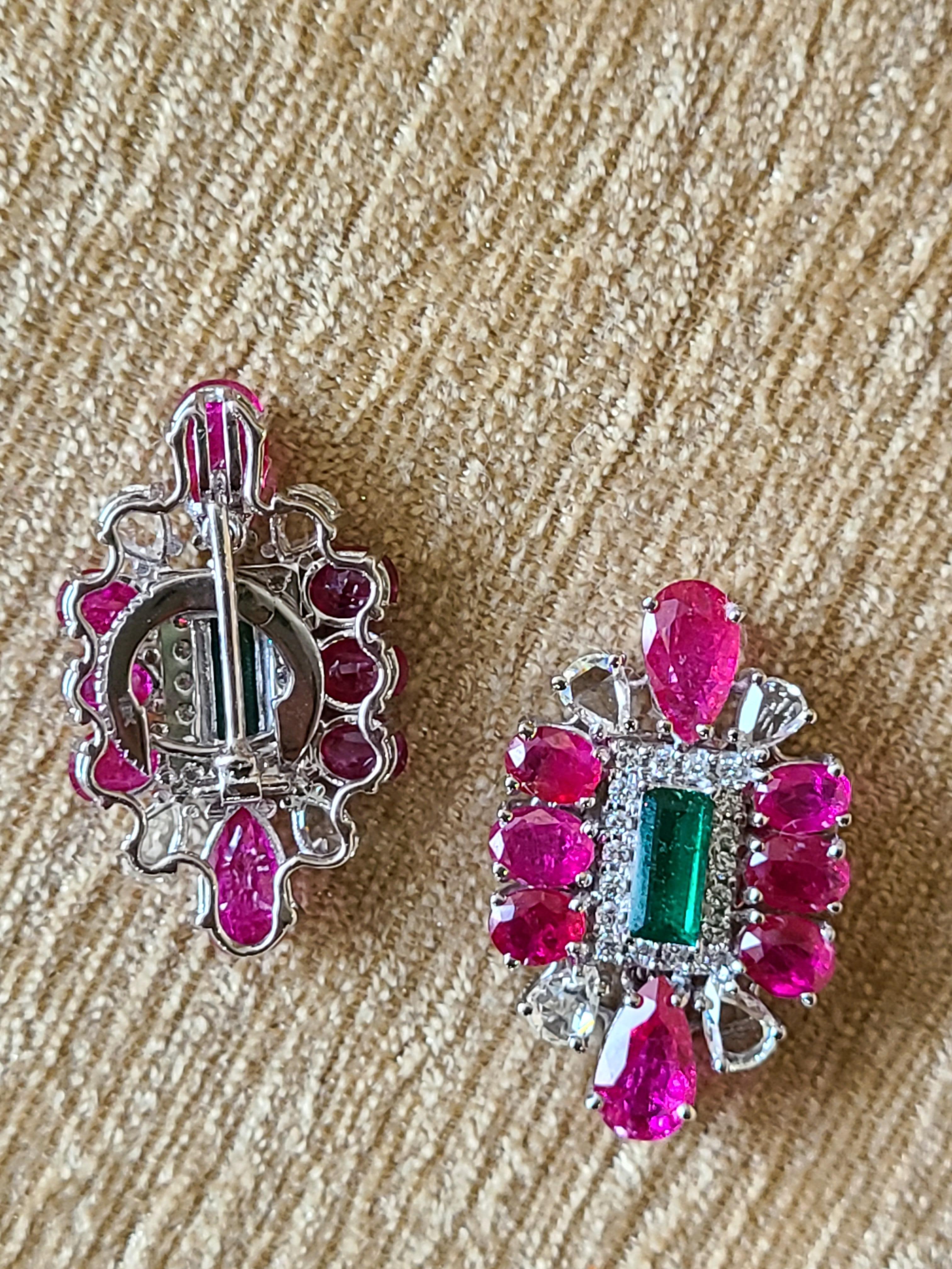 Modern Natural Emerald and Ruby Earrings/Studs with Diamonds in 18 Karat Gold