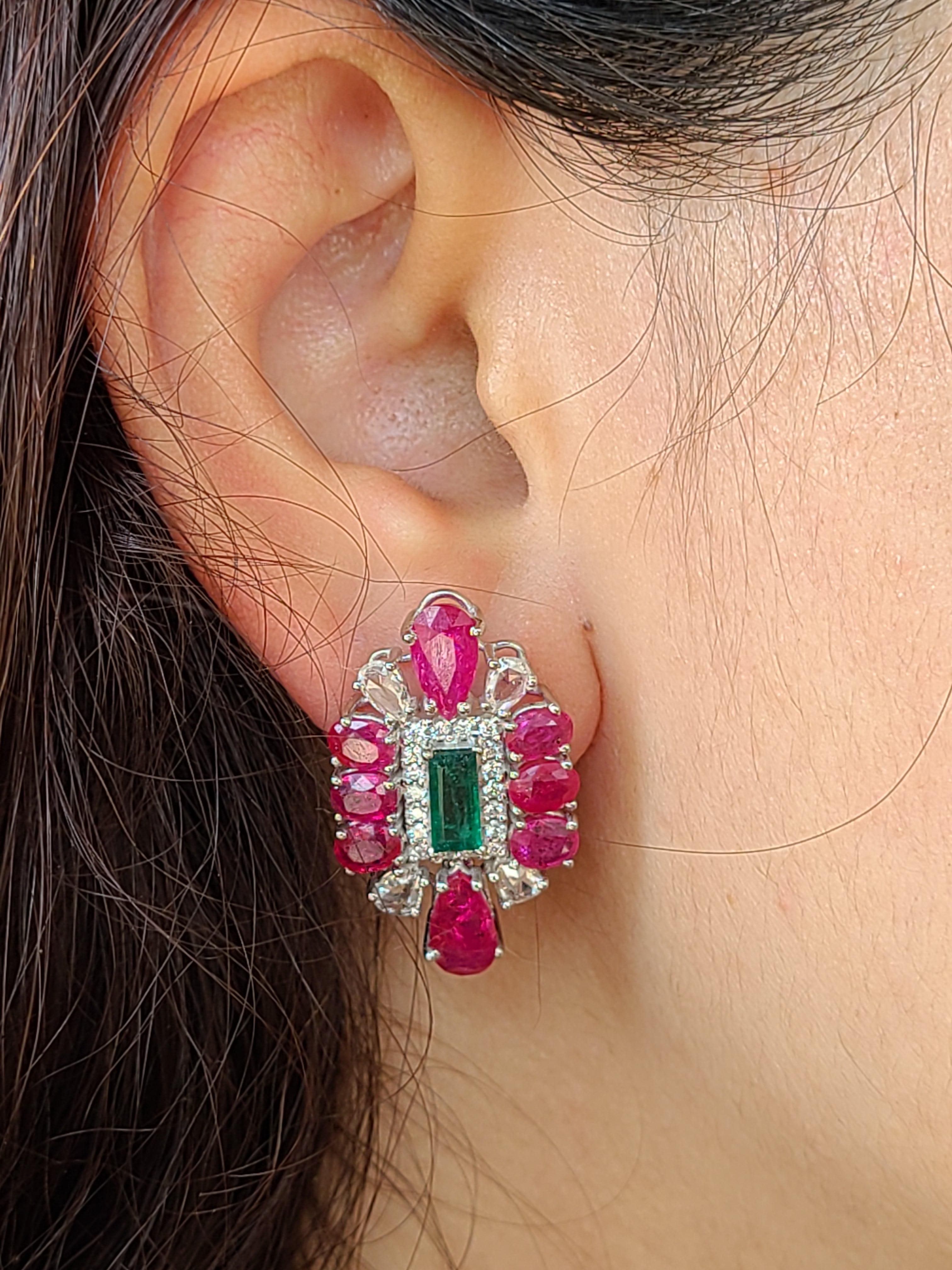 Emerald Cut Natural Emerald and Ruby Earrings/Studs with Diamonds in 18 Karat Gold