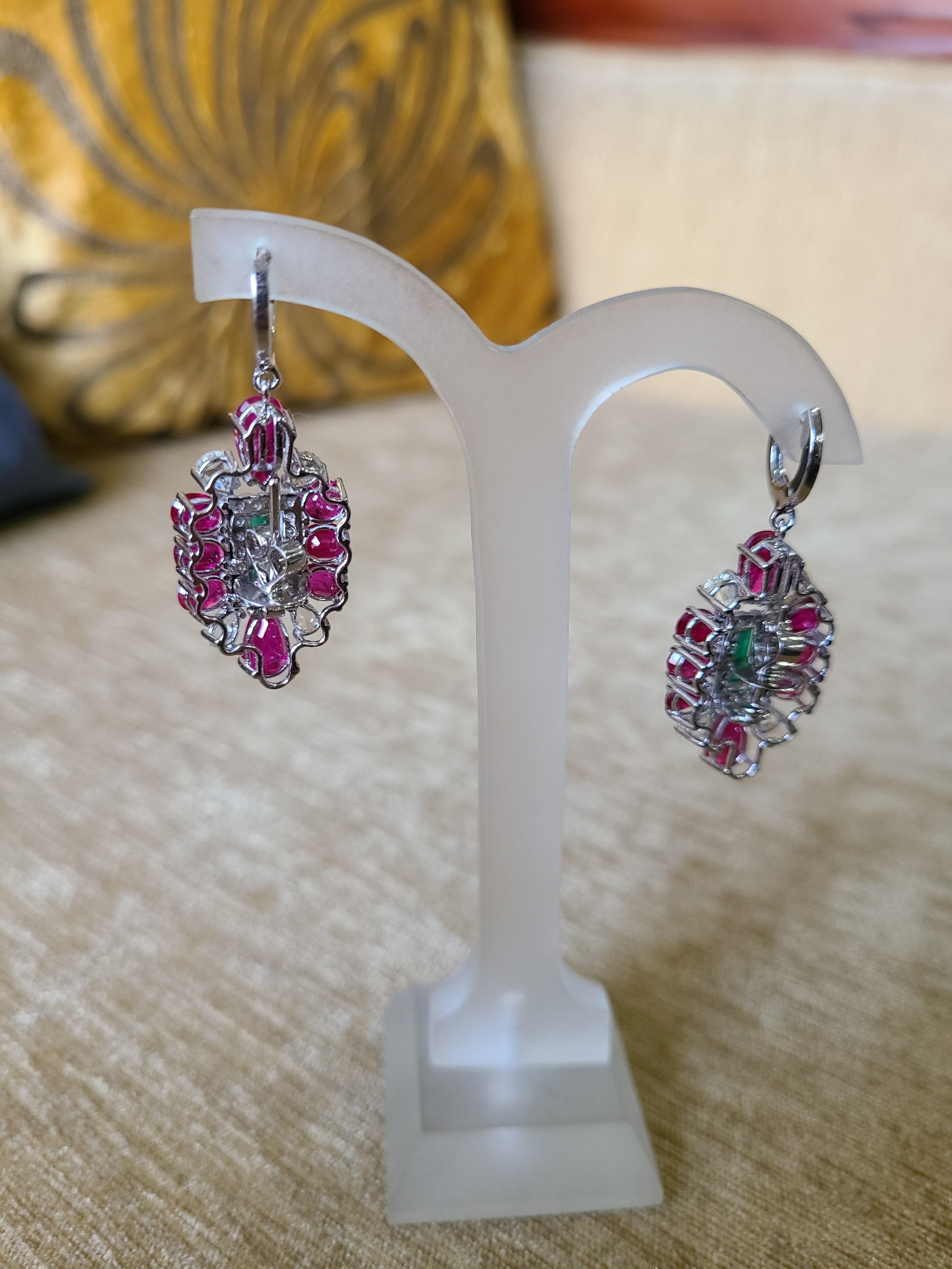 Women's Natural Emerald and Ruby Earrings/Studs with Diamonds in 18 Karat Gold