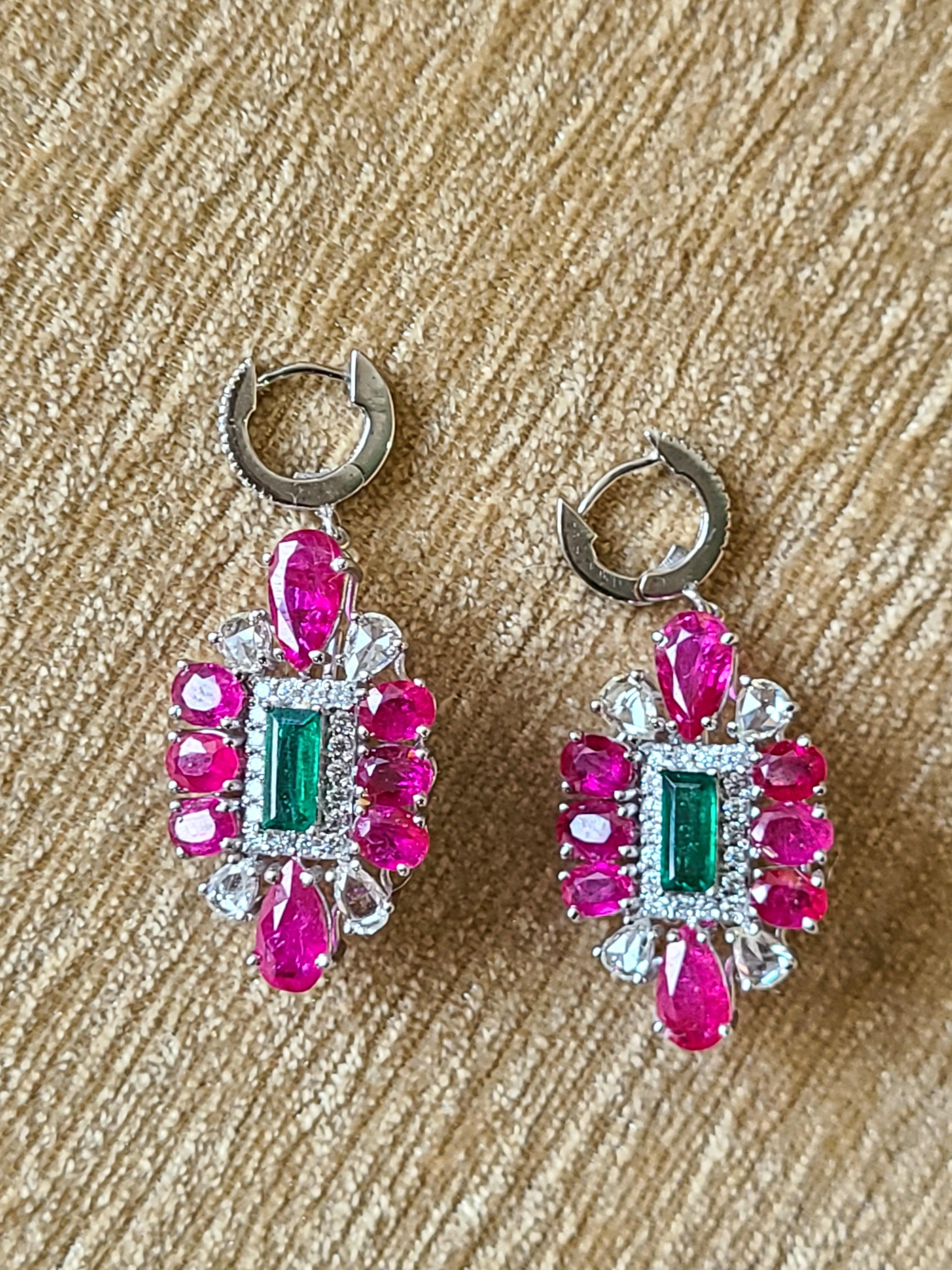 Natural Emerald and Ruby Earrings/Studs with Diamonds in 18 Karat Gold 2