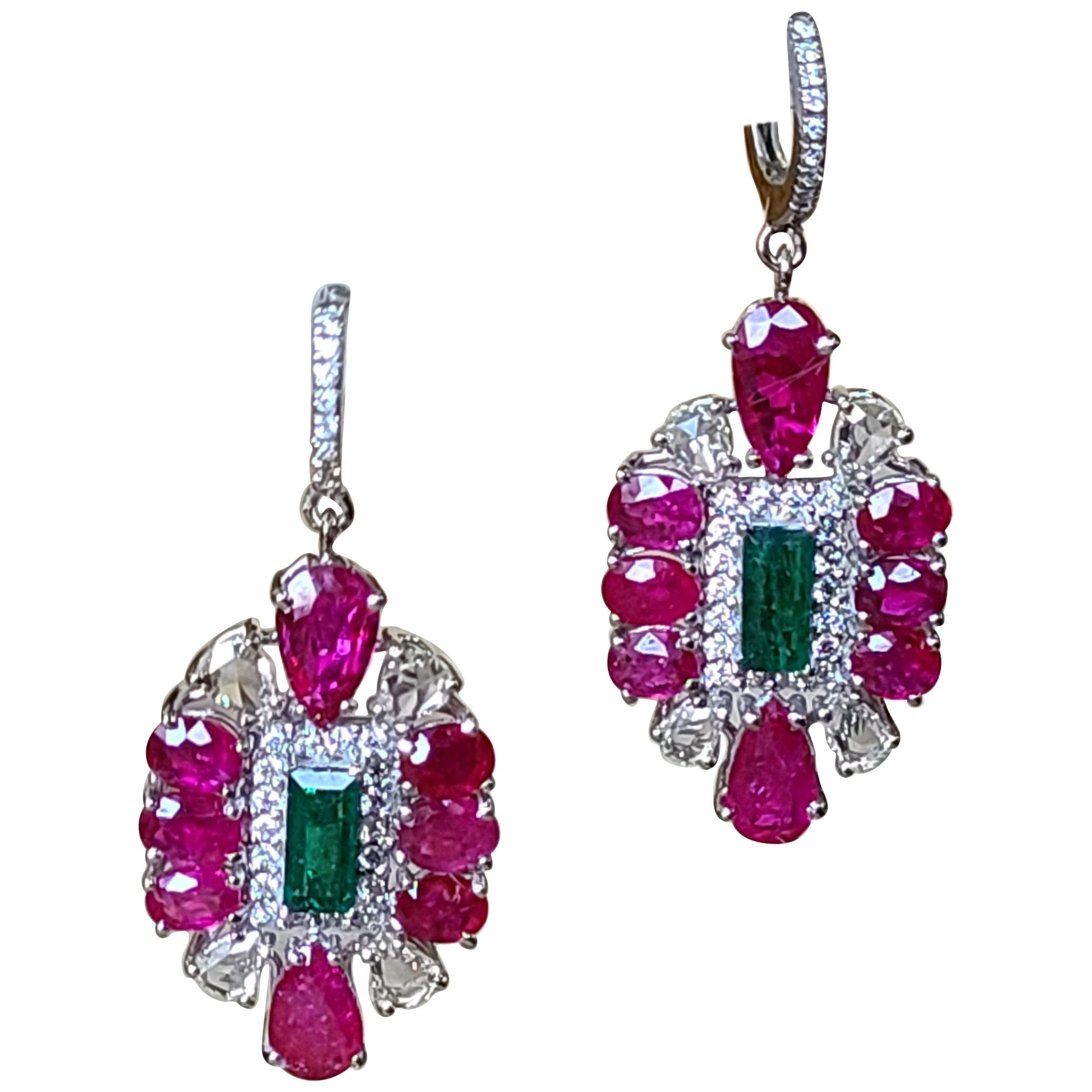 Natural Emerald and Ruby Earrings/Studs with Diamonds in 18 Karat Gold