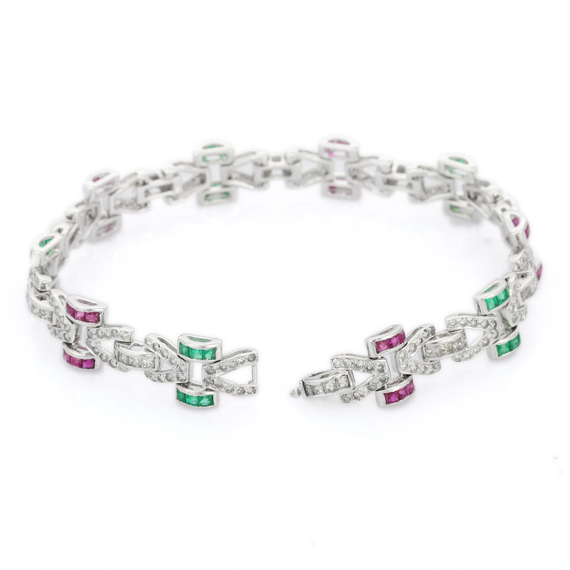 Art Deco Natural Emerald and Ruby Link Bracelet with Diamonds in 18K White Gold For Sale