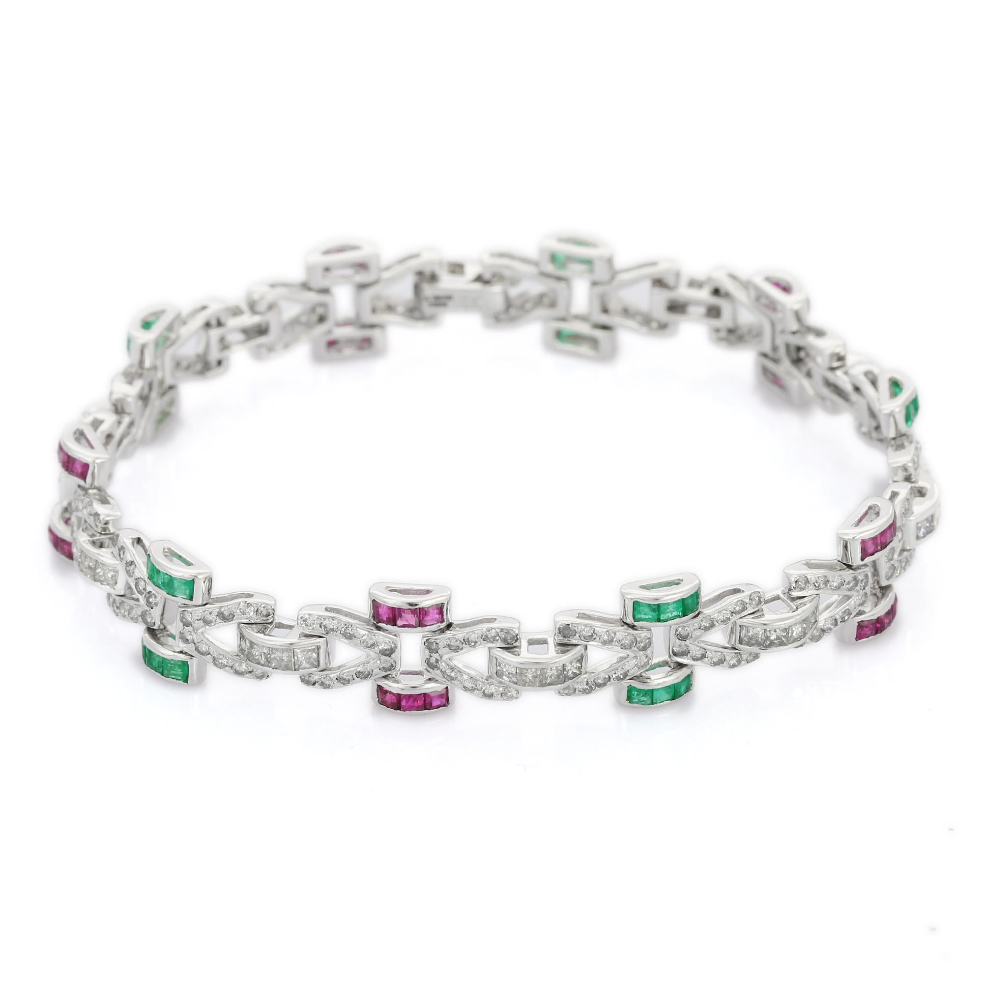 Natural Emerald and Ruby Link Bracelet with Diamonds in 18K White Gold In New Condition For Sale In Houston, TX