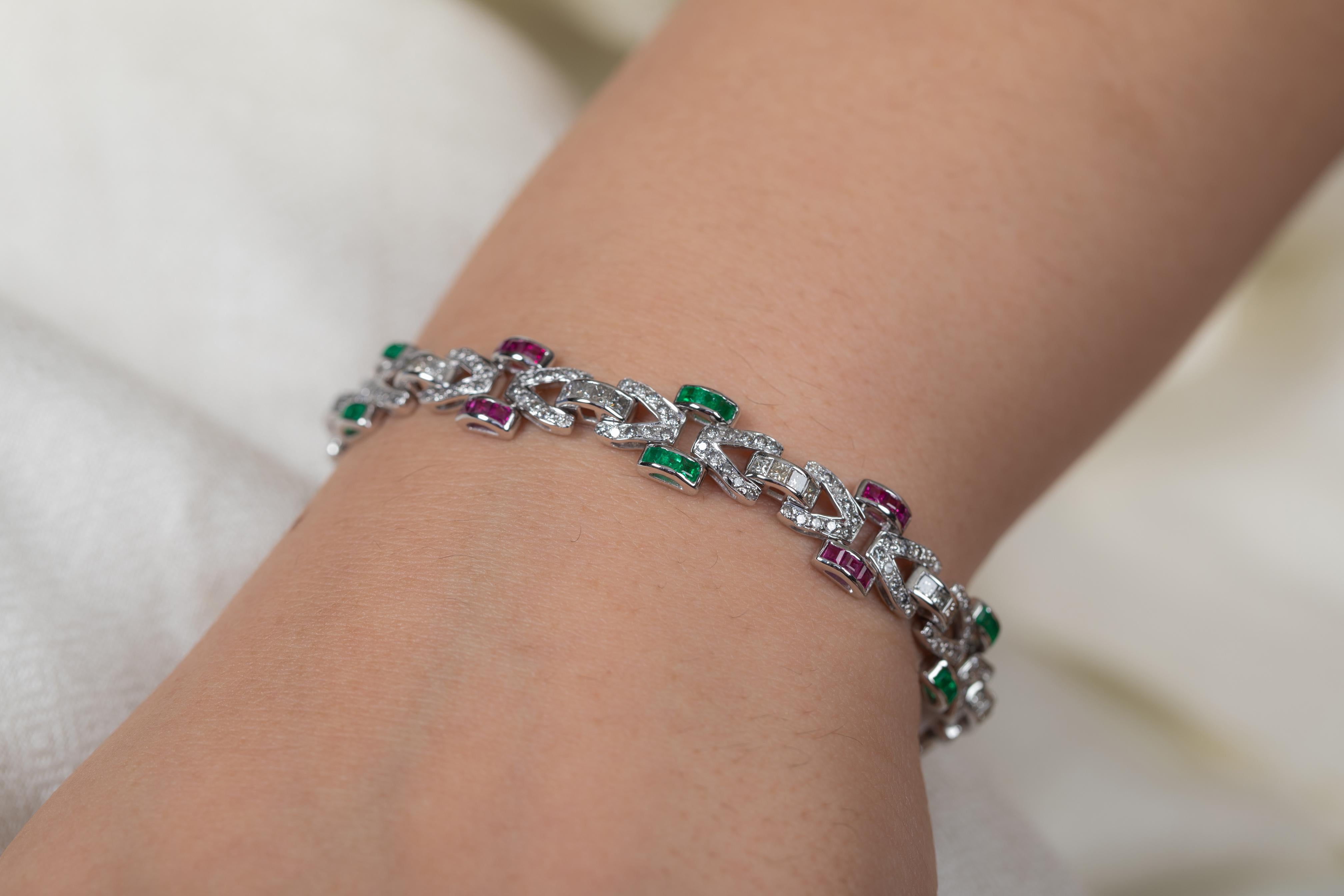 Square Cut Natural Emerald and Ruby Link Bracelet with Diamonds in 18K White Gold For Sale