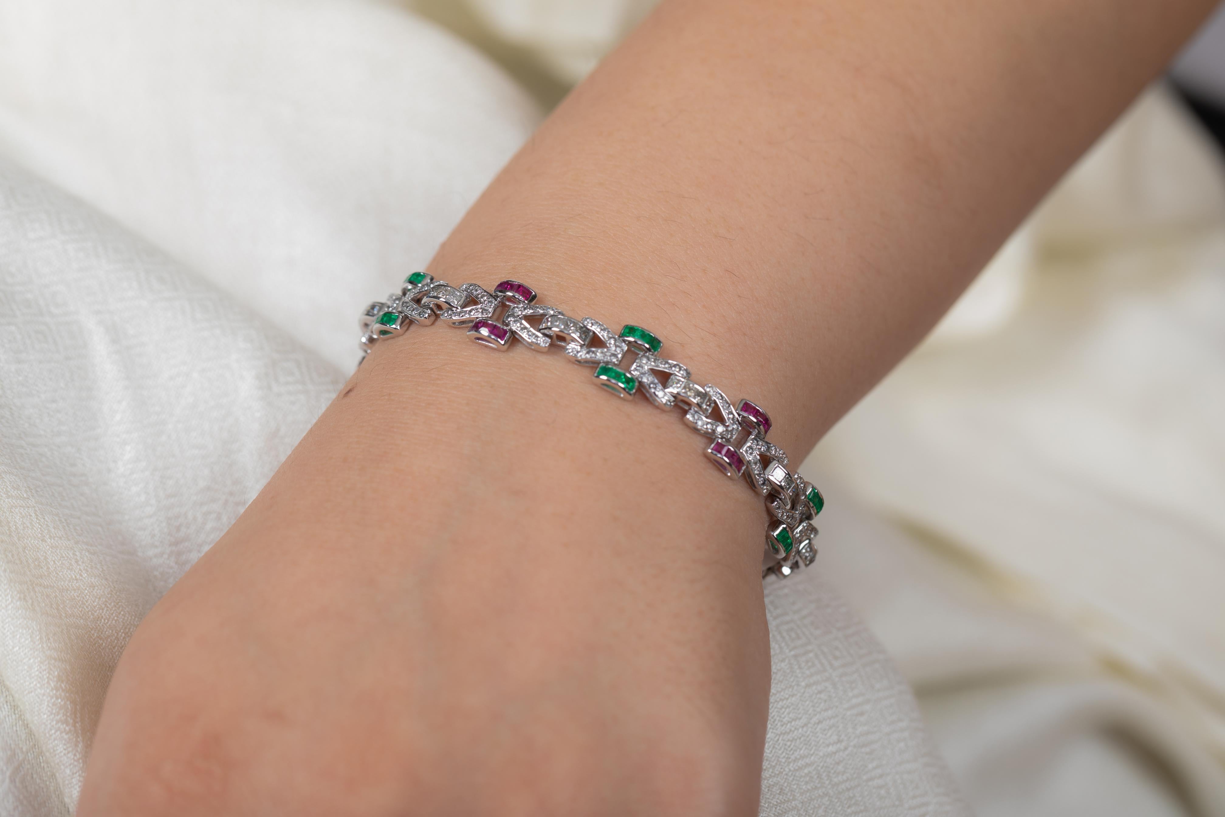 Women's Natural Emerald and Ruby Link Bracelet with Diamonds in 18K White Gold For Sale