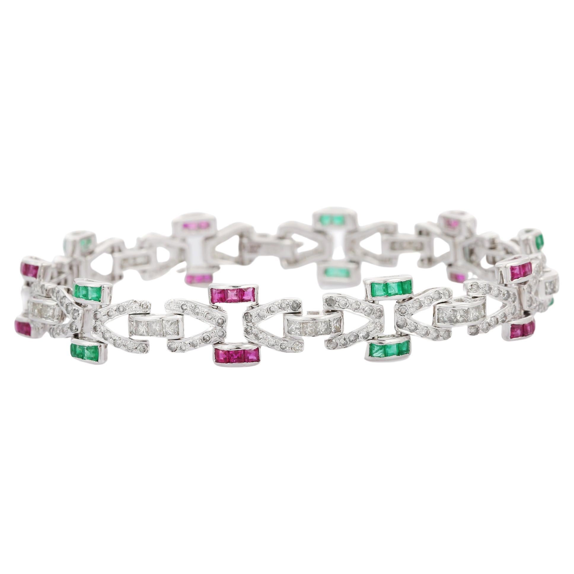 Natural Emerald and Ruby Link Bracelet with Diamonds in 18K White Gold For Sale