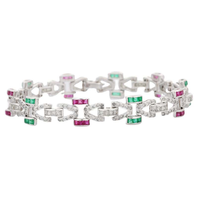 White Diamonds Rubies Emeralds Blue Sapphires Rose and White Gold Link ...