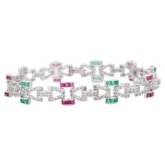 Natural Emerald and Ruby Link Bracelet with Diamonds in 18K White Gold