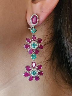 Natural Emerald and Ruby Long Earrings in 18 Karat Gold with Diamonds