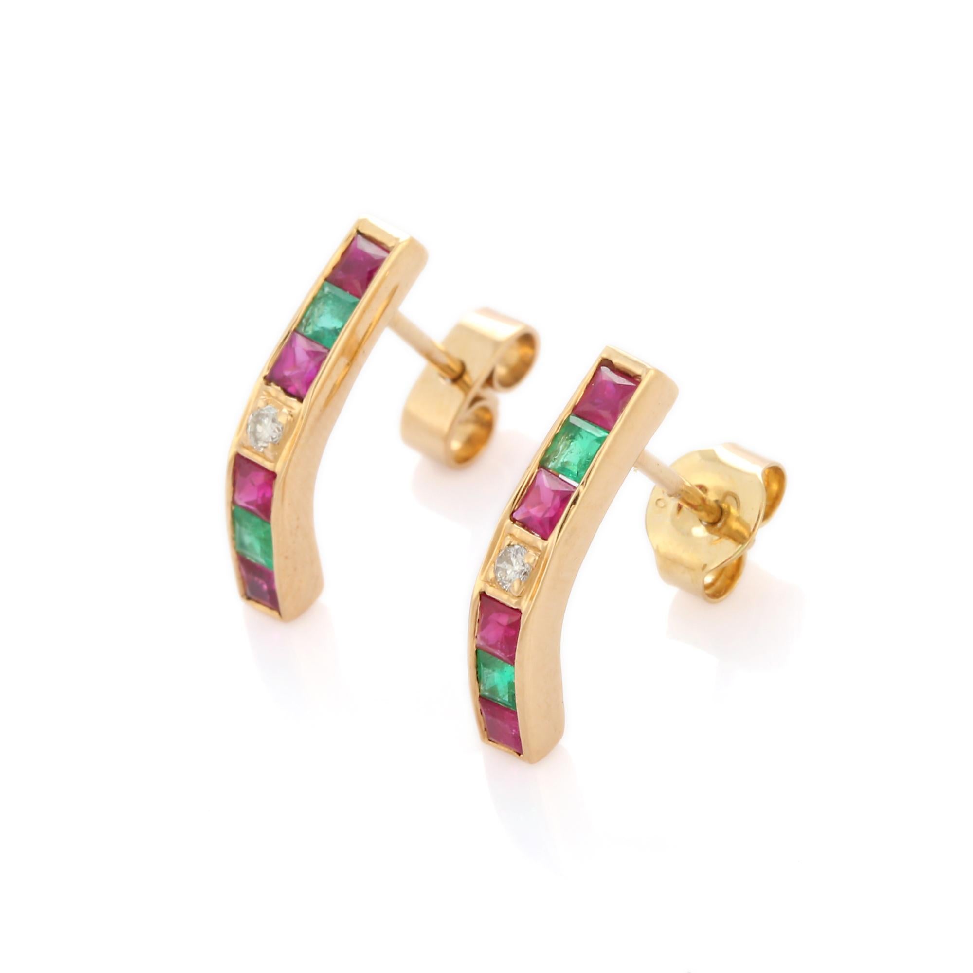 Studs create a subtle beauty while showcasing the colors of the natural precious gemstones and illuminating diamonds making a statement.

Square cut emerald and ruby studs with diamonds in 18K gold. Embrace your look with these stunning pair of
