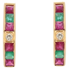 Natural Emerald and Ruby Square Cut Studs in 18K Yellow Gold with Diamonds
