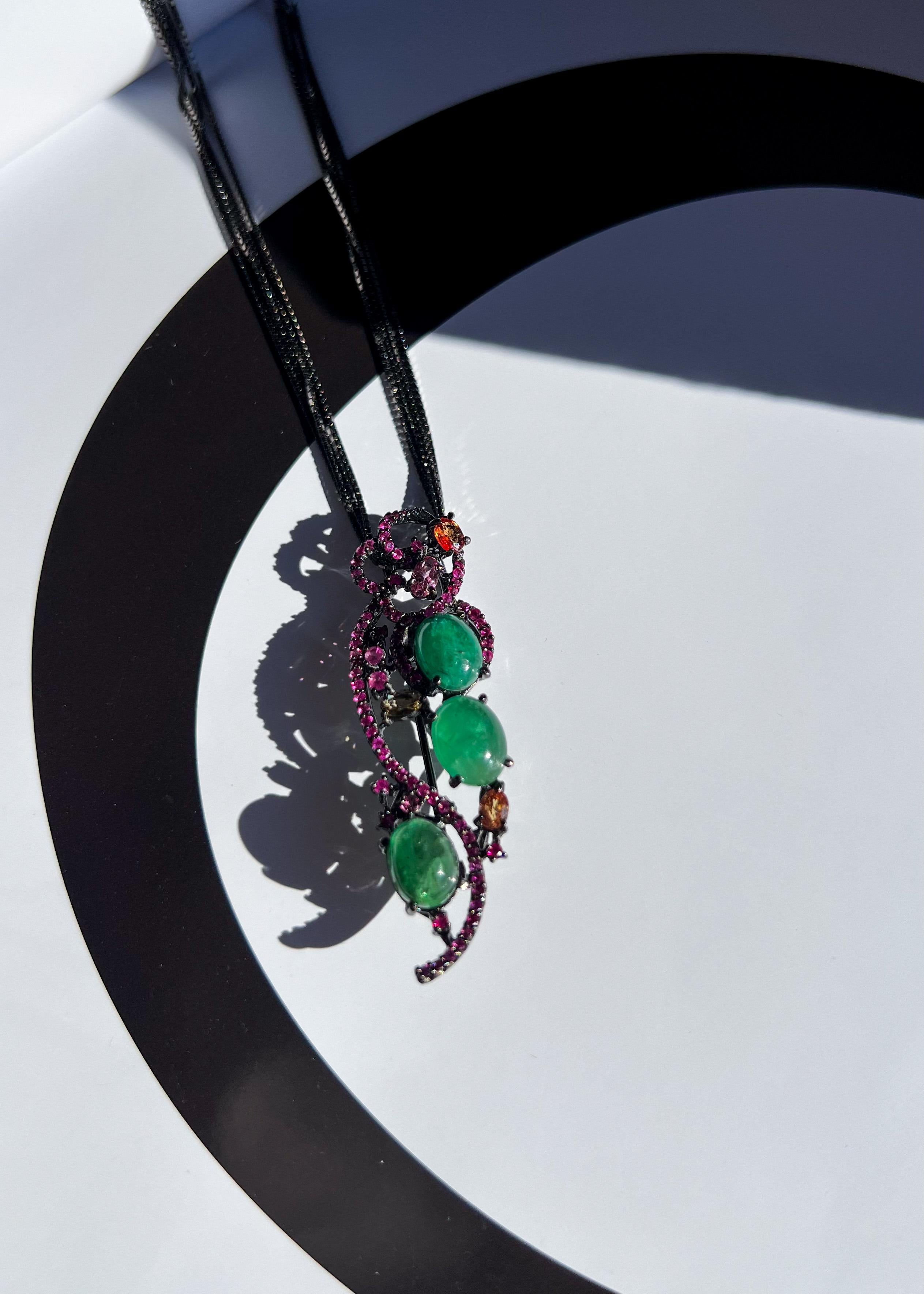 Natural Emerald and Sapphires Pendant Brooch & Necklace For Sale 4