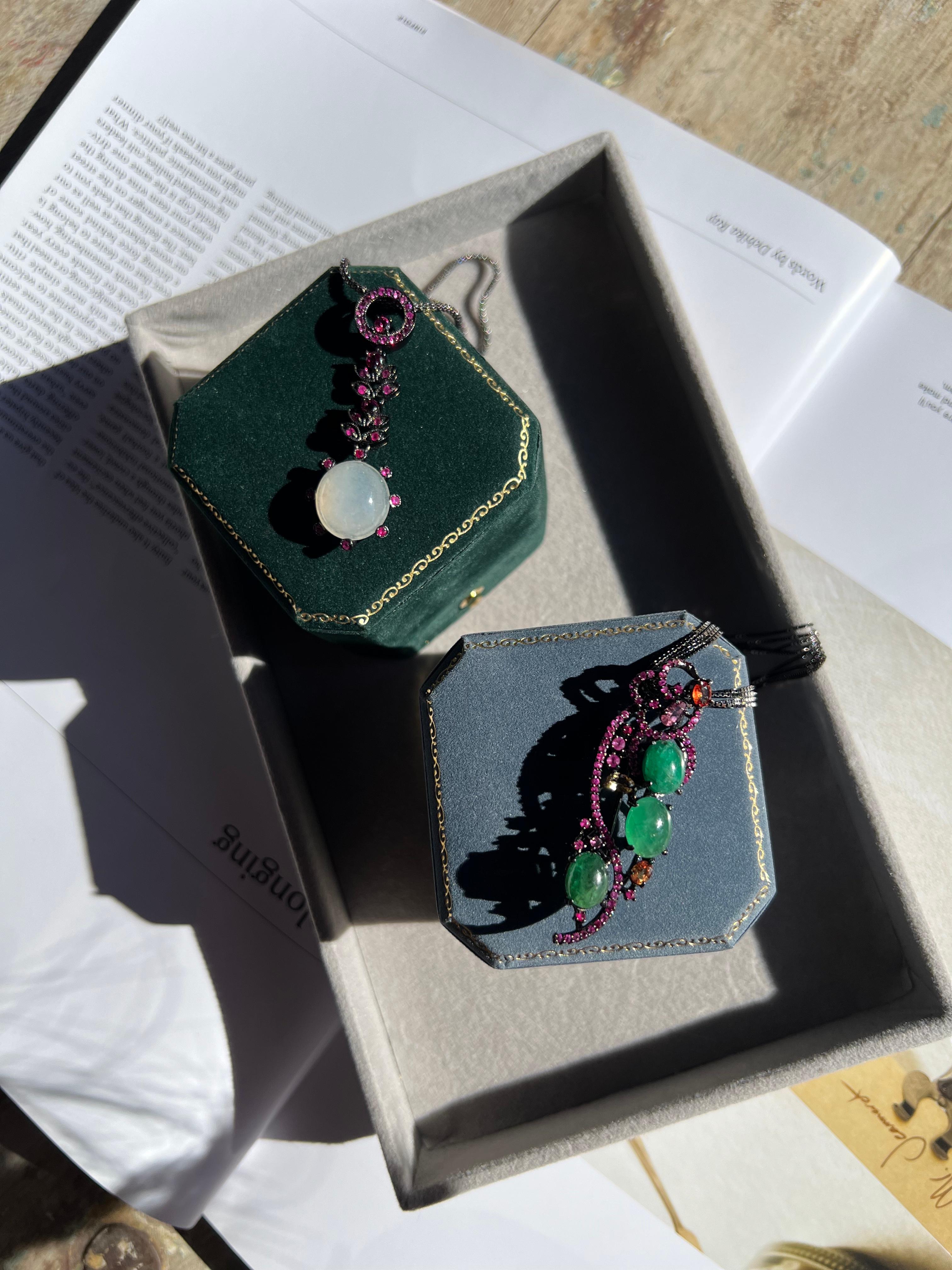 Art Nouveau Natural Emerald and Sapphires Pendant Brooch & Necklace For Sale