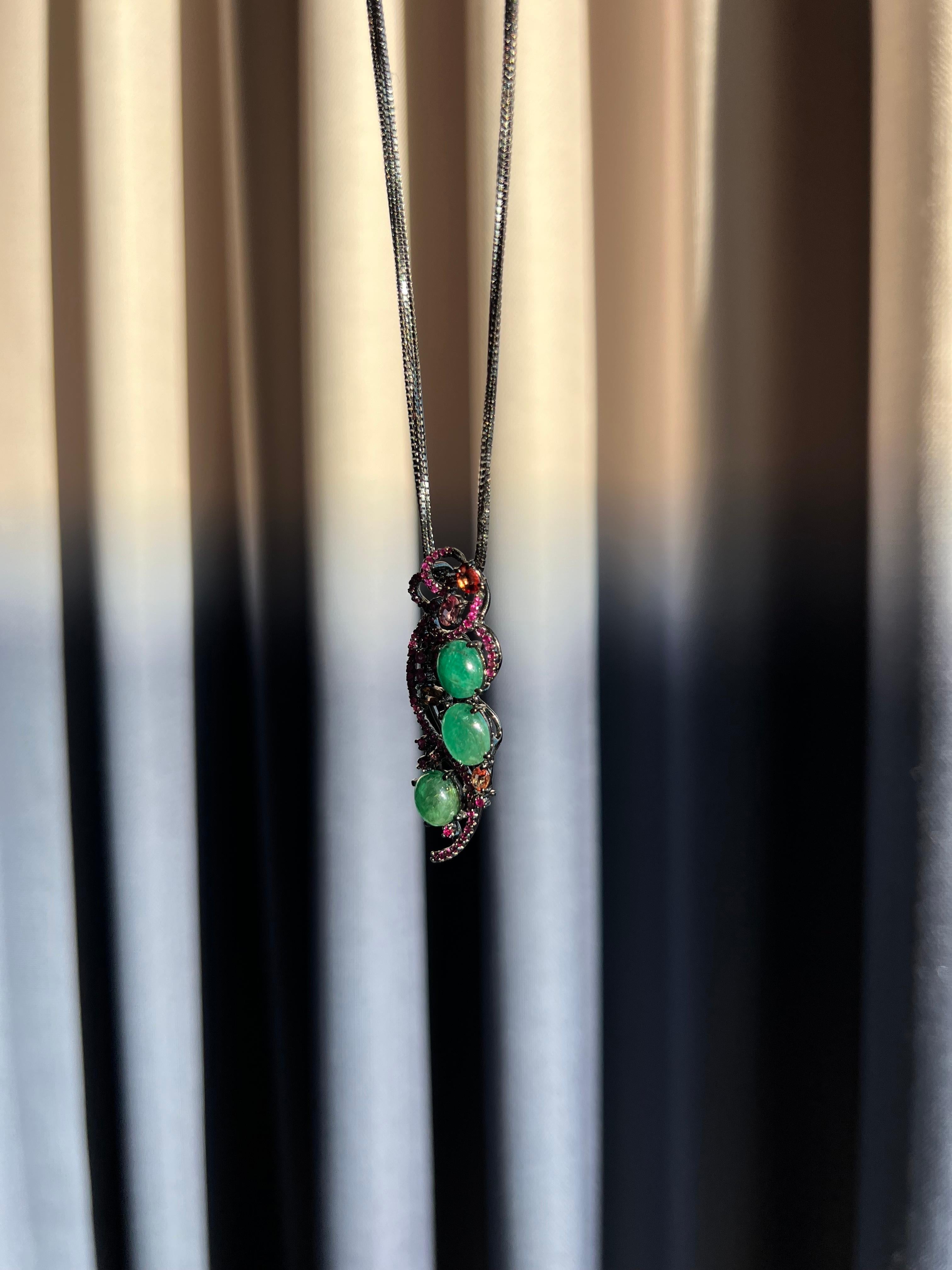 Women's or Men's Natural Emerald and Sapphires Pendant Brooch & Necklace For Sale