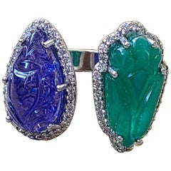 Natural Emerald and Tanzanite Ring Set in 18 Karat Gold with Diamonds