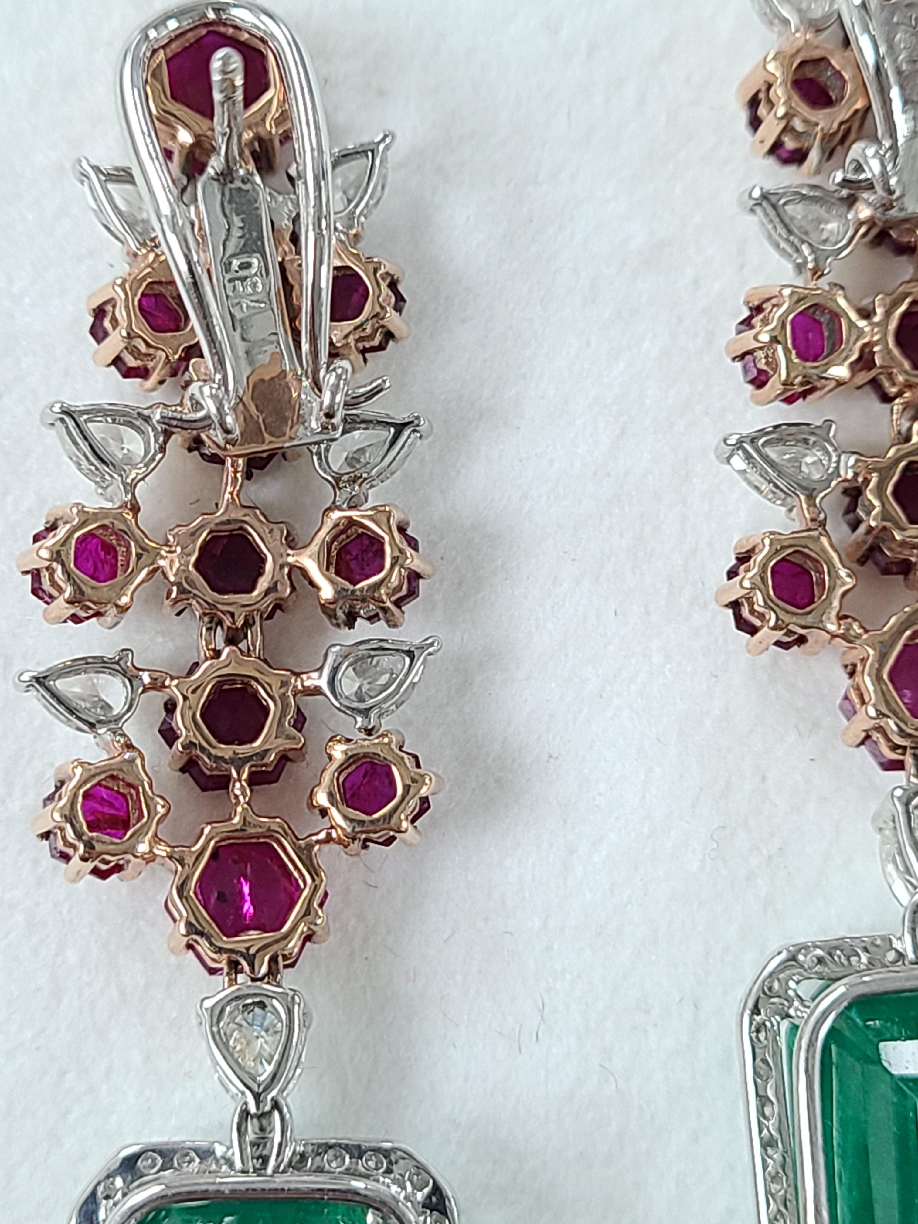 Emerald Cut Natural Emerald and Un-Heat Ruby Earrings Set in 18 Karat Gold