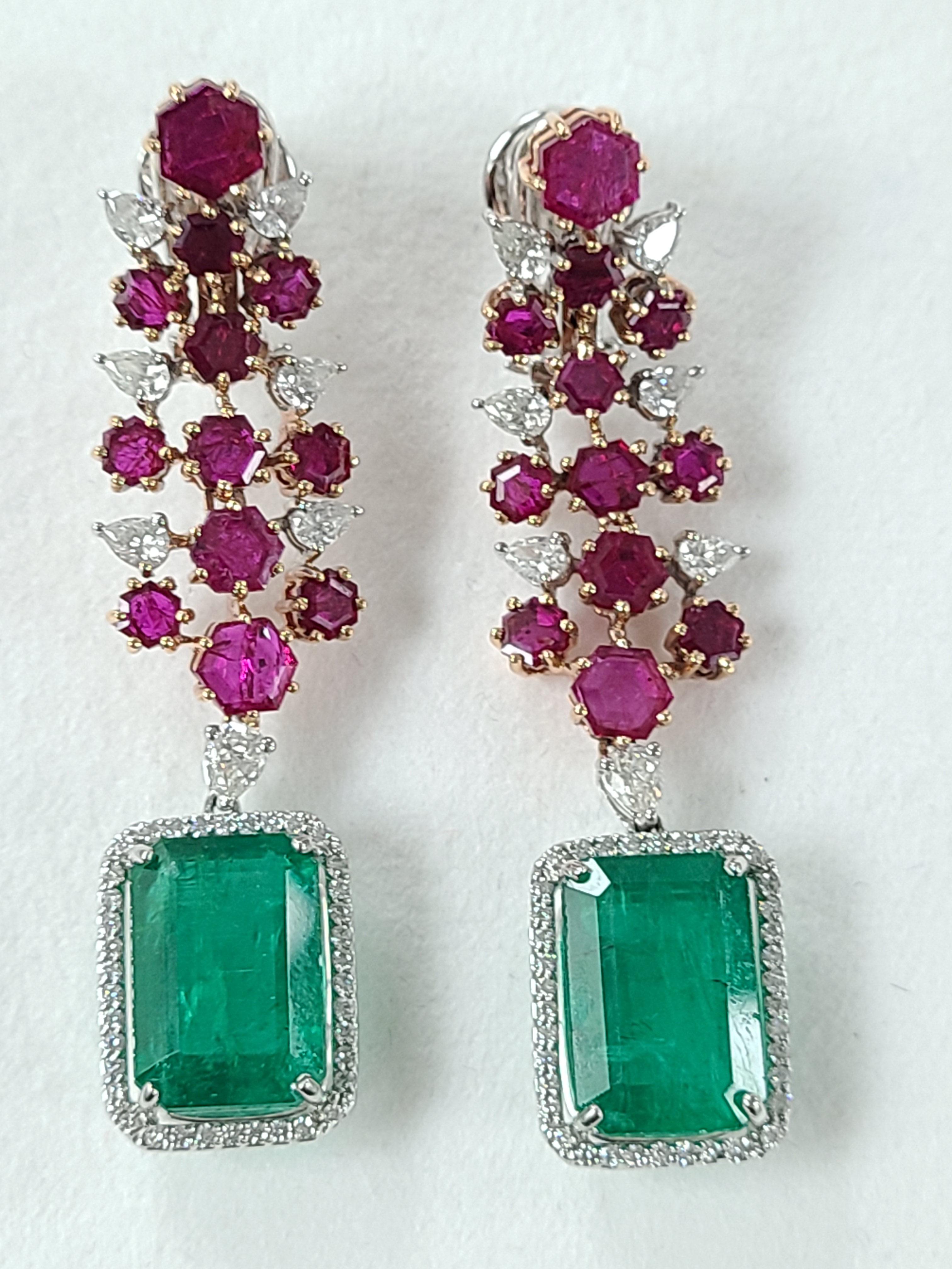 Women's or Men's Natural Emerald and Un-Heat Ruby Earrings Set in 18 Karat Gold