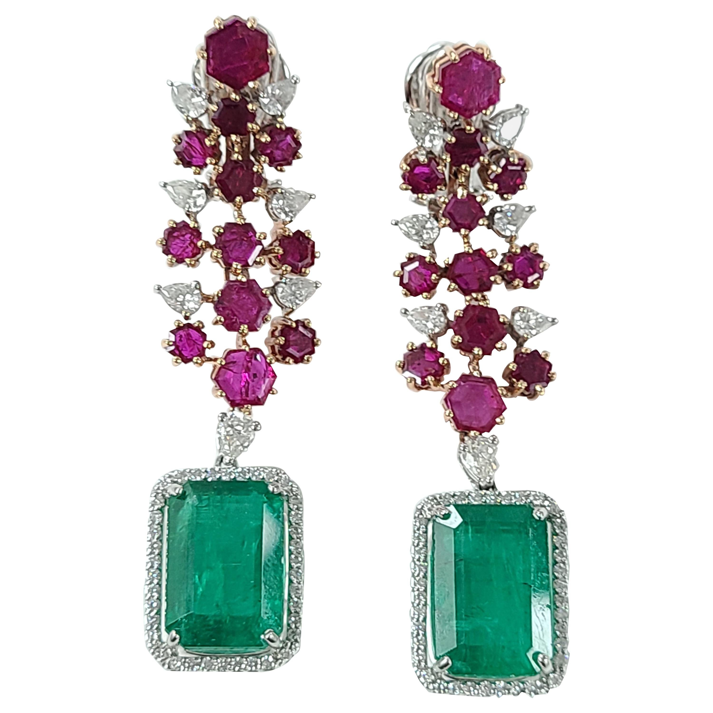 Natural Emerald and Un-Heat Ruby Earrings Set in 18 Karat Gold
