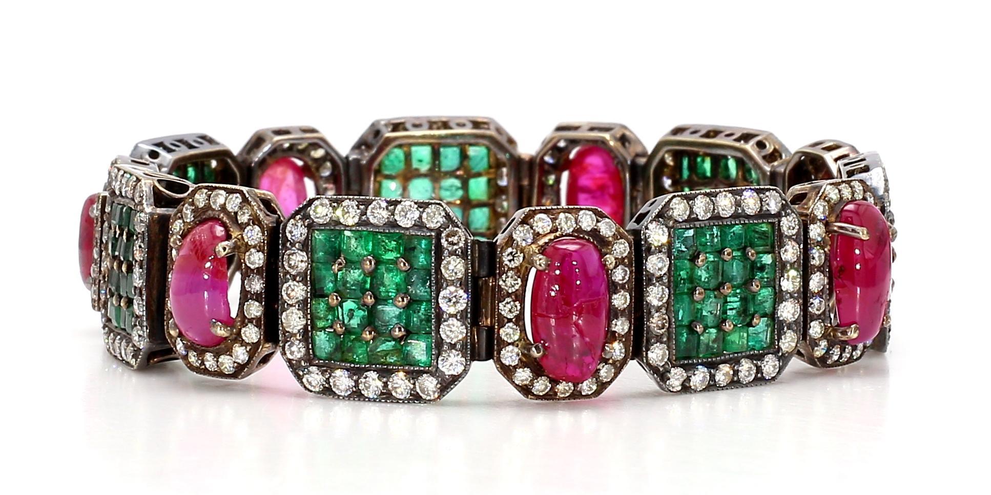 Old European Cut Natural Emerald and Unheated Burmese Ruby and Diamond Victorian Bracelet For Sale
