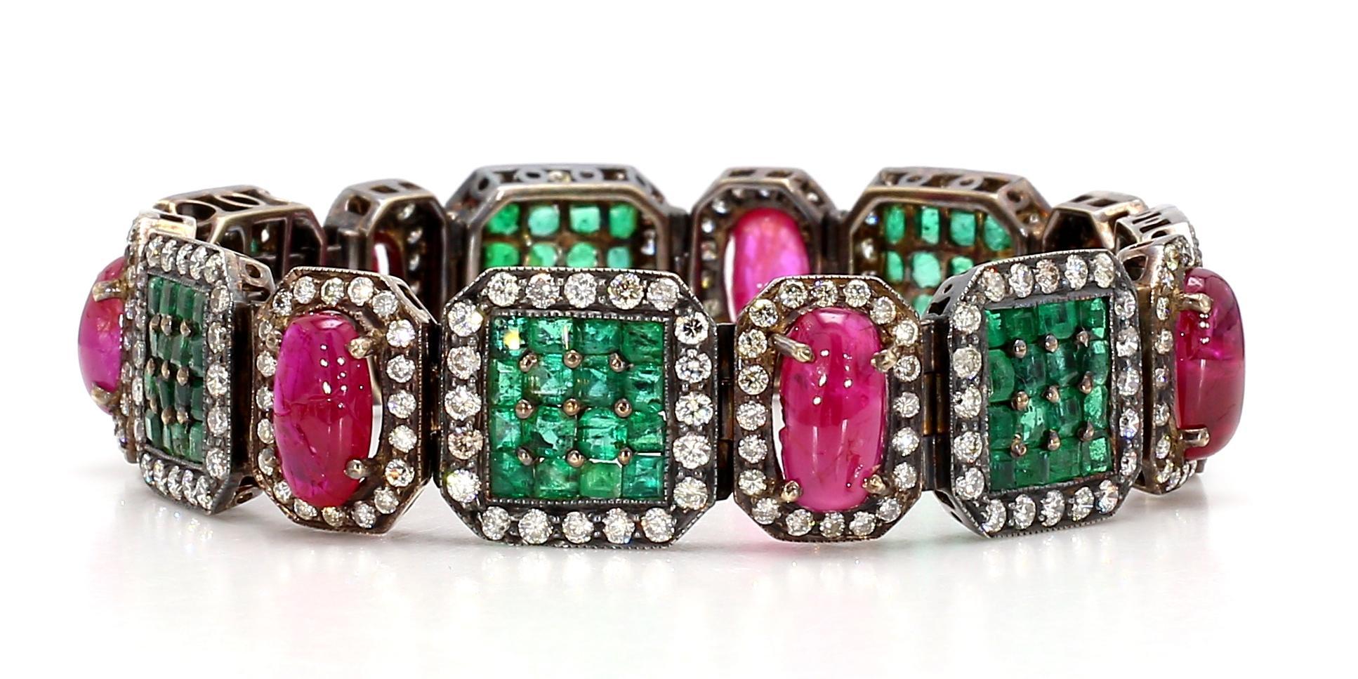 Natural Emerald and Unheated Burmese Ruby and Diamond Victorian Bracelet In Good Condition For Sale In New York, NY