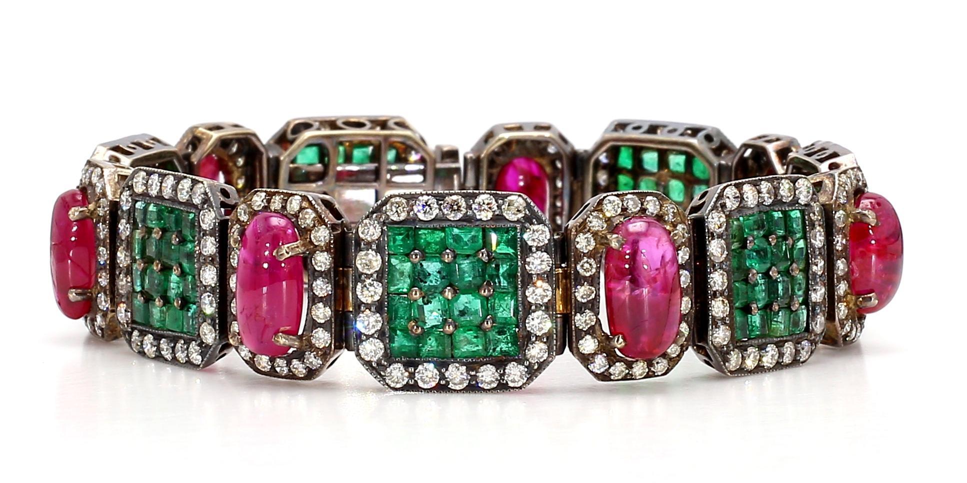 Women's Natural Emerald and Unheated Burmese Ruby and Diamond Victorian Bracelet For Sale