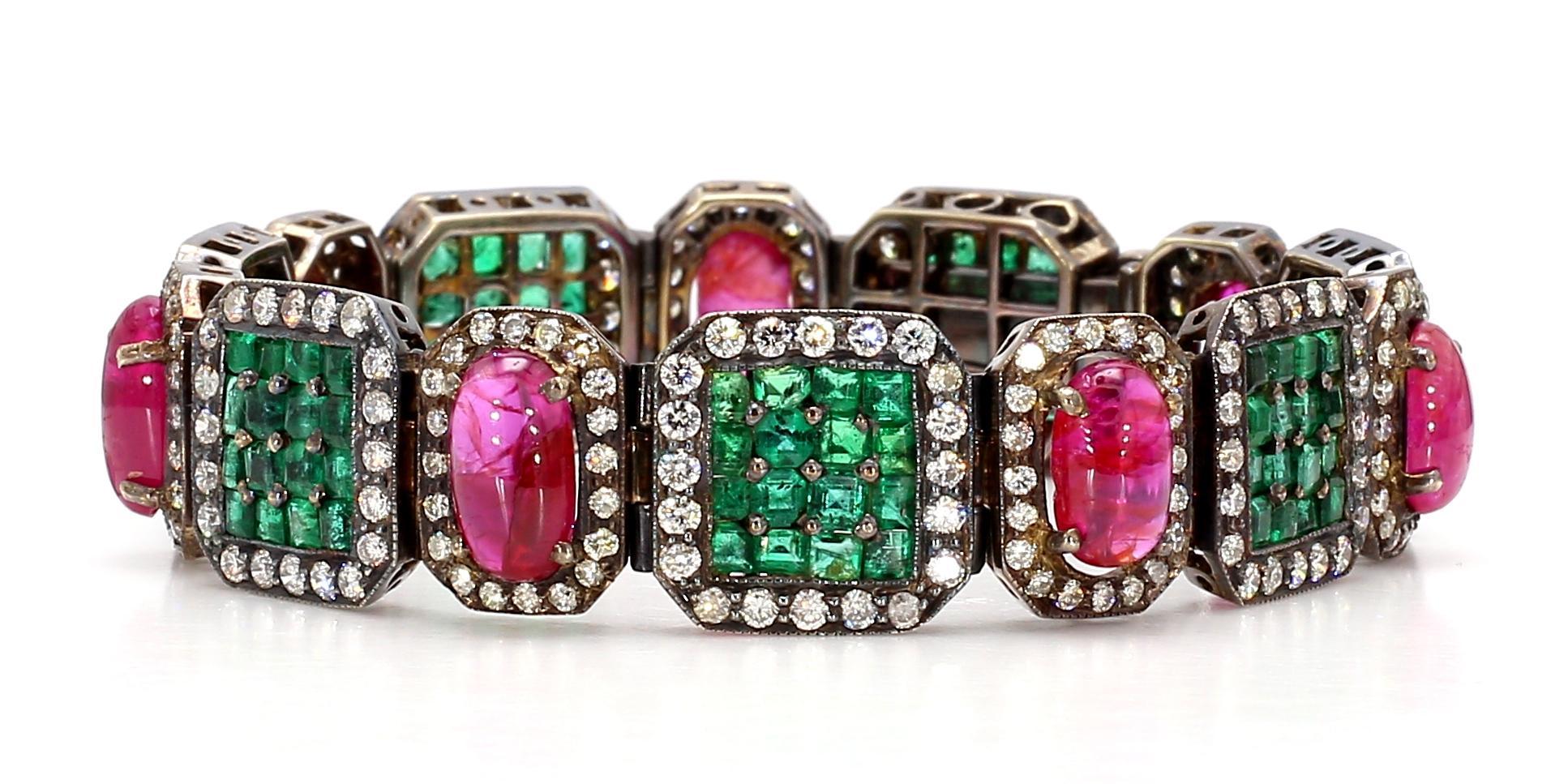 Natural Emerald and Unheated Burmese Ruby and Diamond Victorian Bracelet For Sale 2