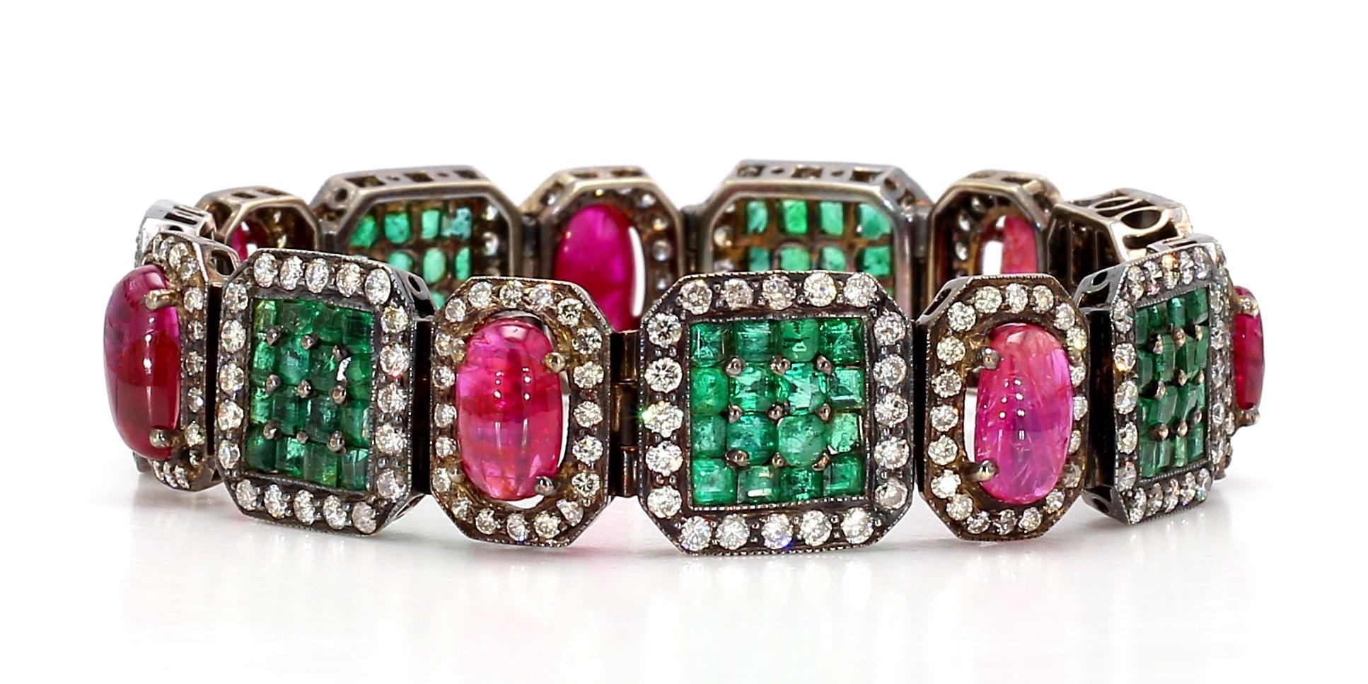 Natural Emerald and Unheated Burmese Ruby and Diamond Victorian Bracelet For Sale 3