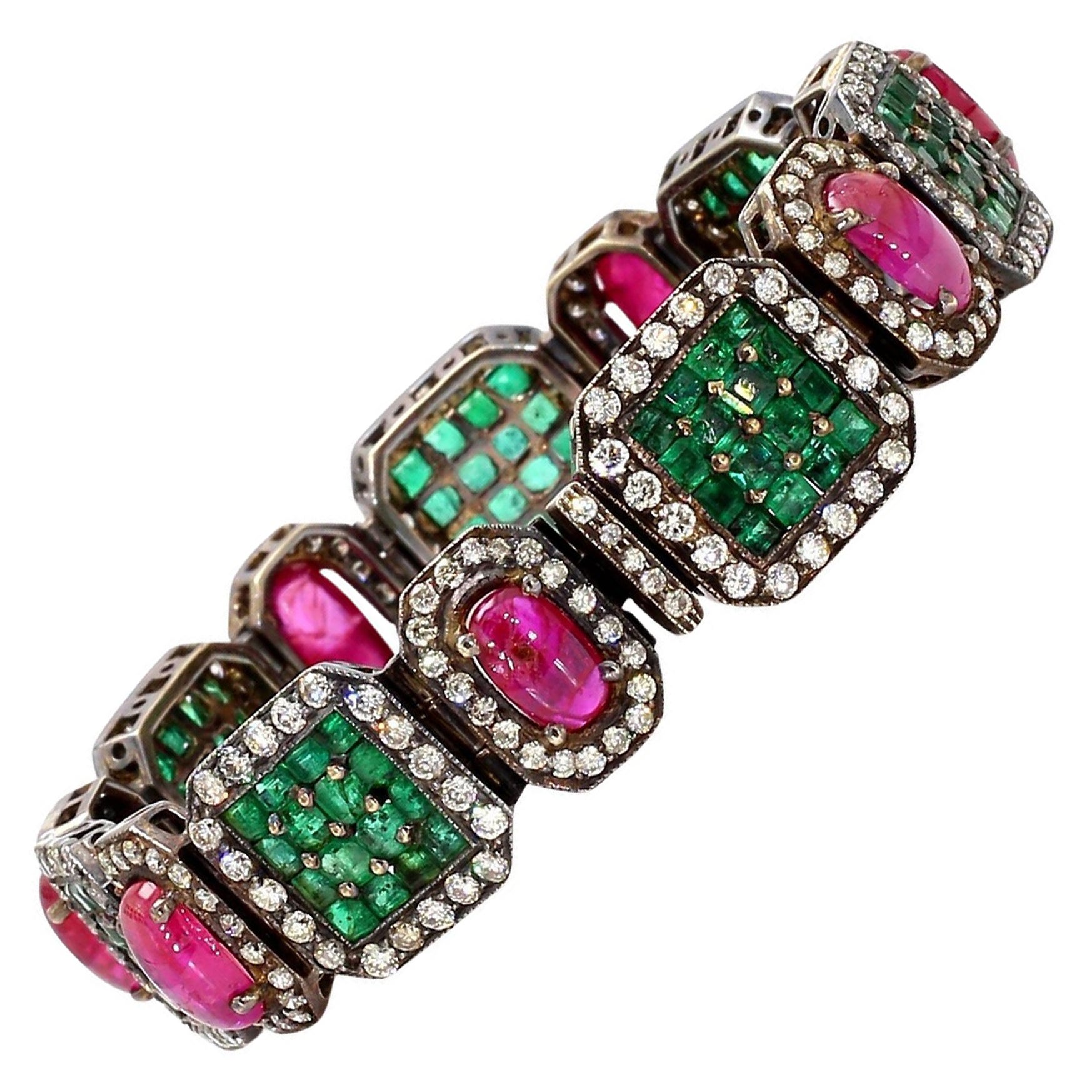 Bracciale vittoriano con smeraldo naturale, rubino birmano non riscaldato e diamante in vendita