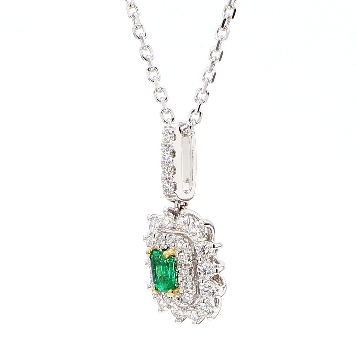Emerald Cut Natural Emerald and White Diamond 0.62 Carat TW White Gold Drop Pendant For Sale