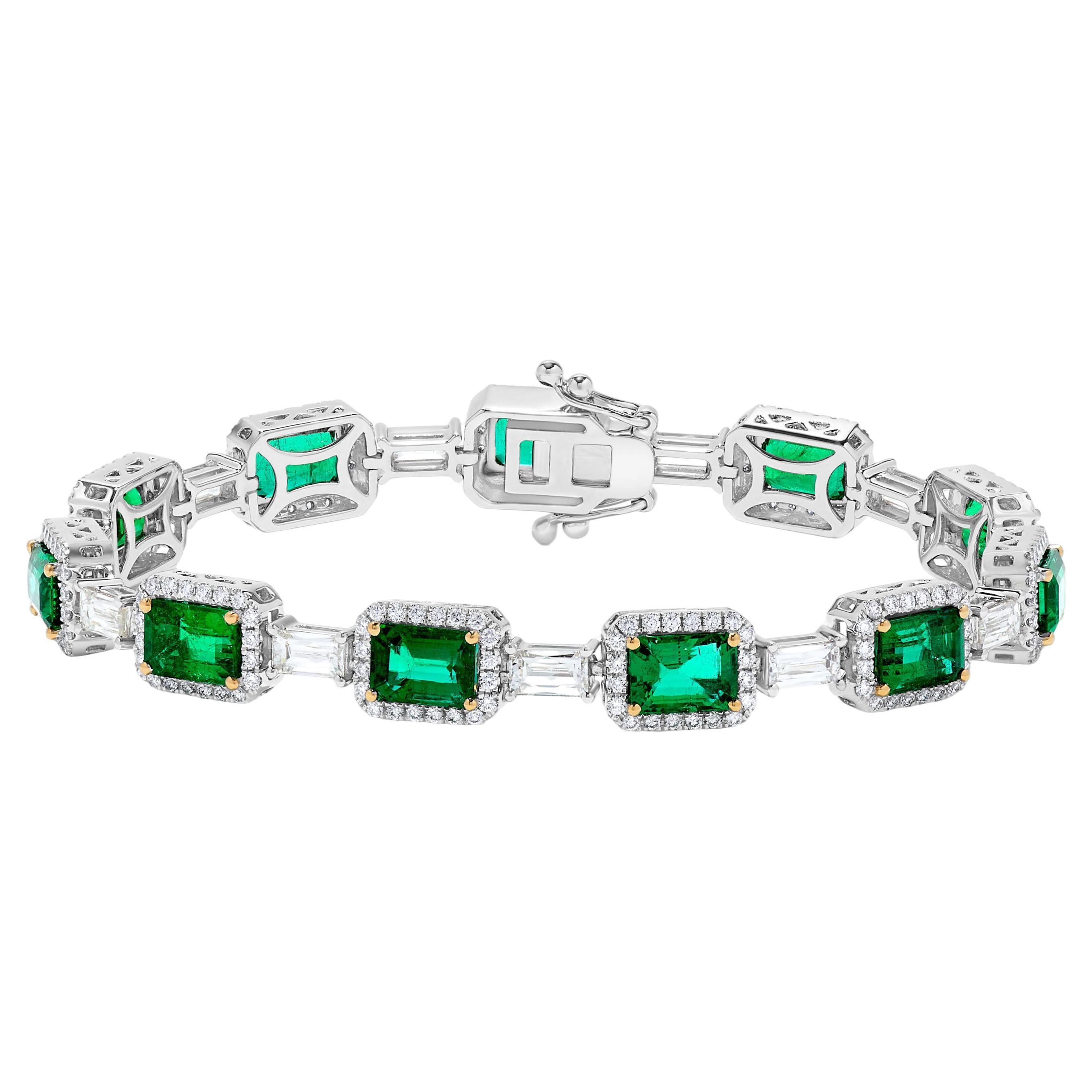 Natural Emerald and White Diamond 15.89 Carat TW Gold Tennis Bracelet For Sale