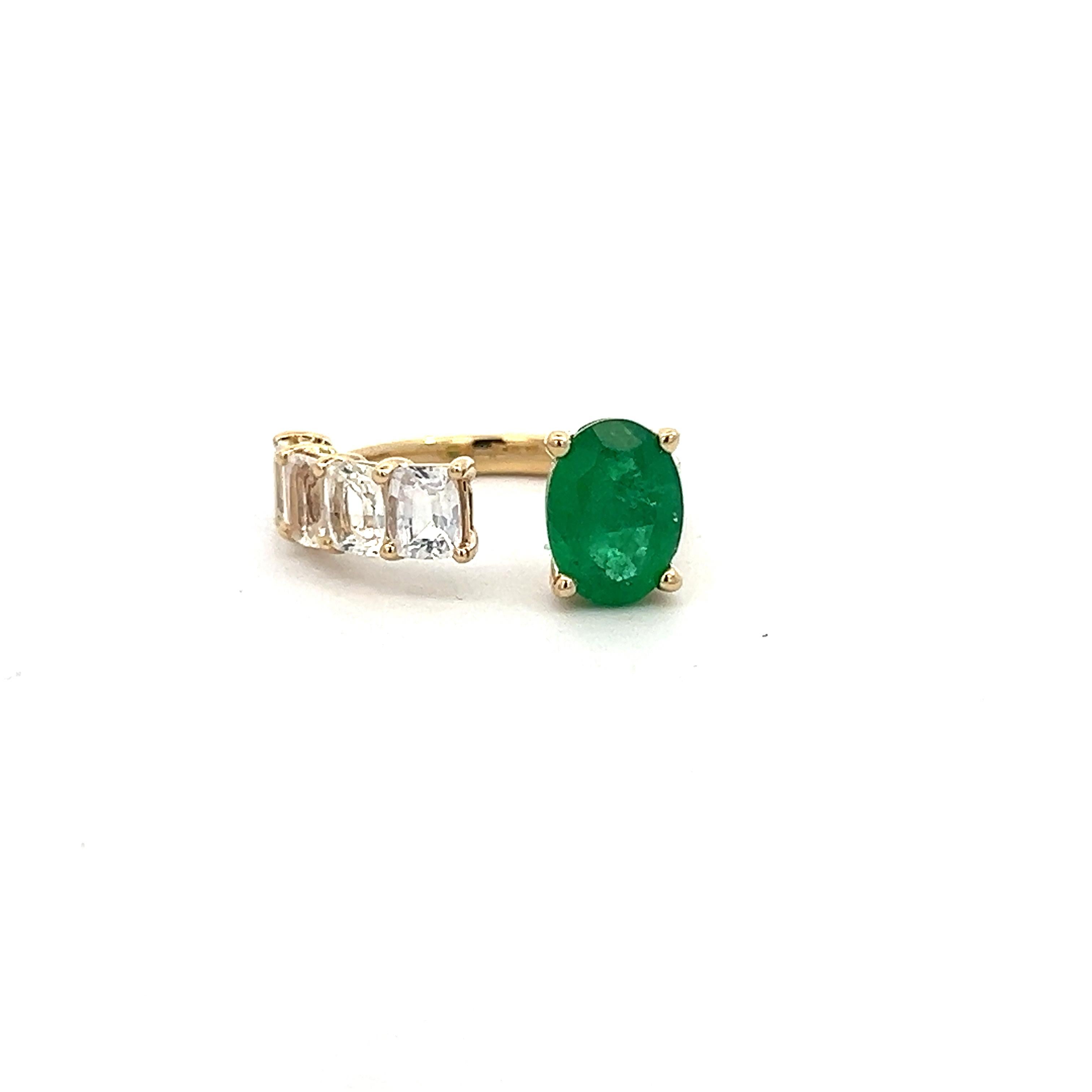 Natural Emerald and White Sapphire Ring 6.5 14k Y Gold 4.05 TCW Certified For Sale 6