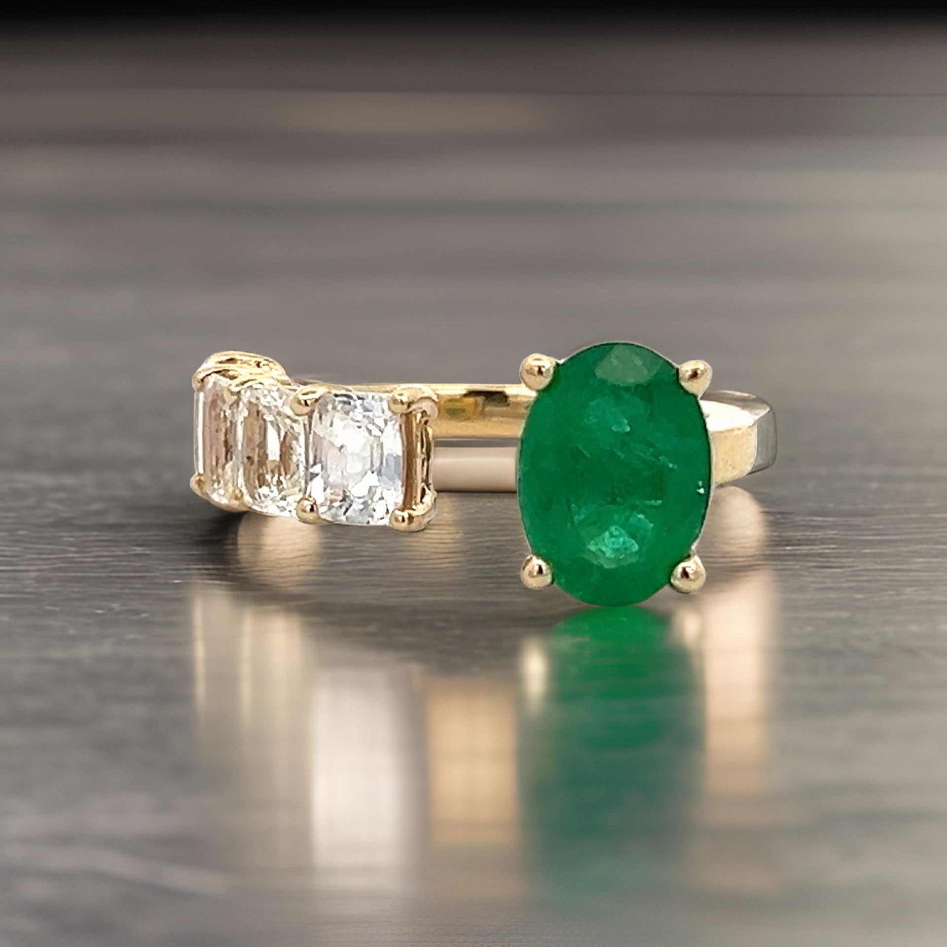 Natural Emerald and White Sapphire Ring 6.5 14k Y Gold 4.05 TCW Certified For Sale 8