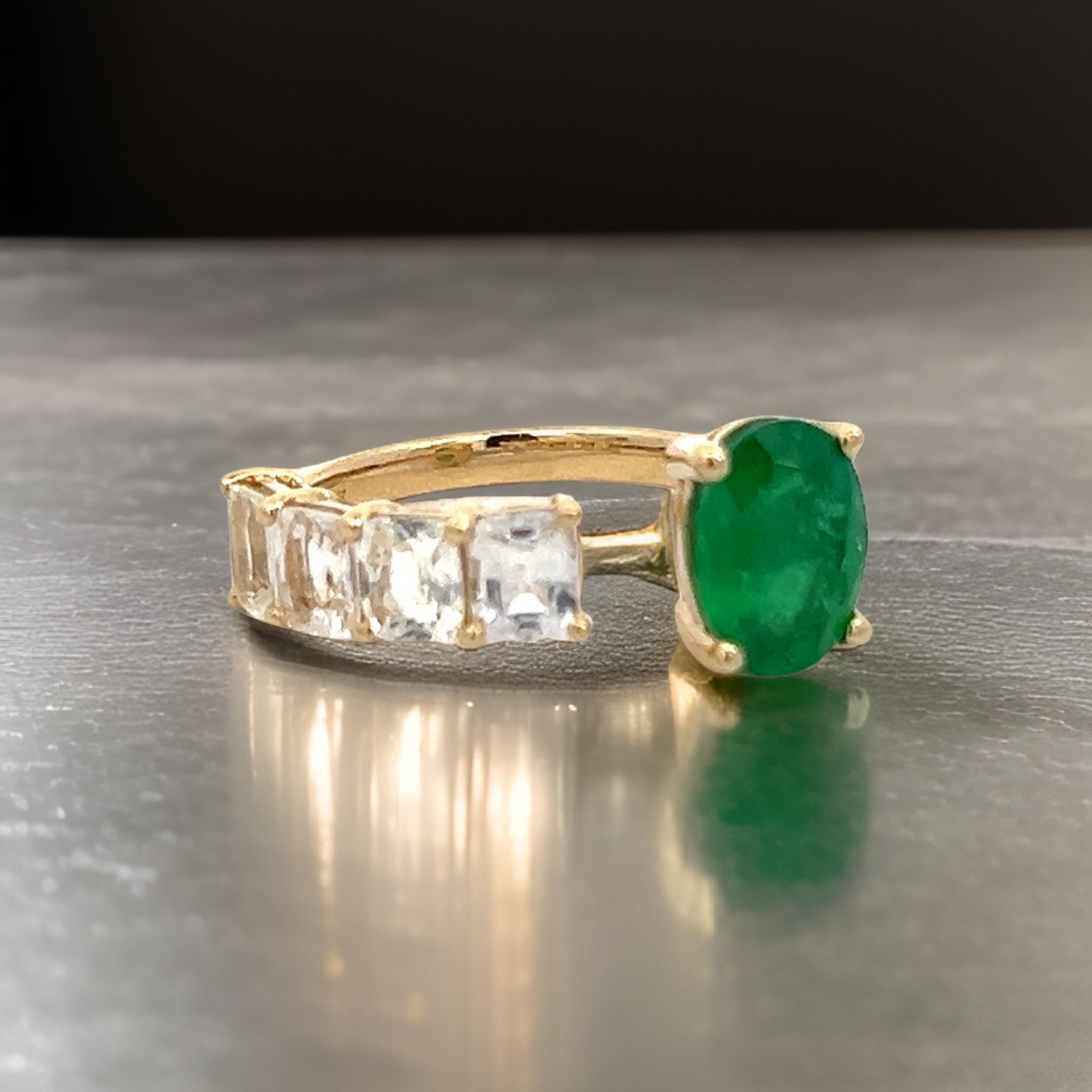 Natural Emerald and White Sapphire Ring 6.5 14k Y Gold 4.05 TCW Certified For Sale 9