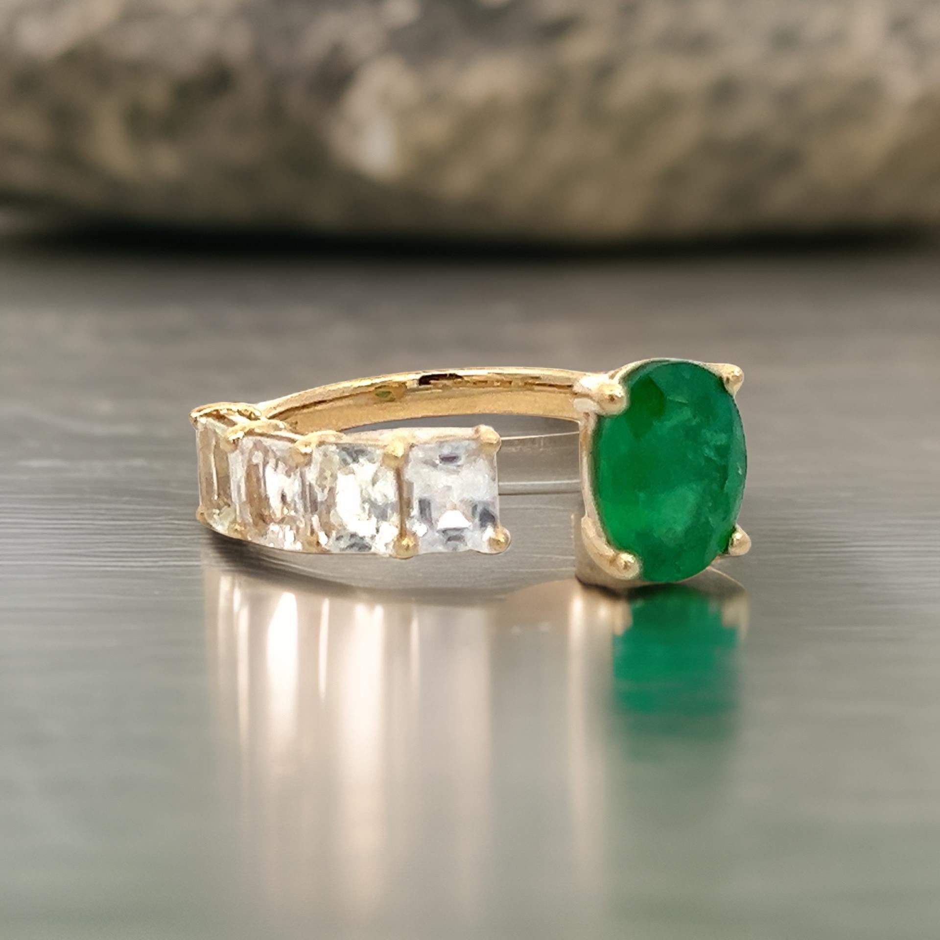 Natural Emerald and White Sapphire Ring 6.5 14k Y Gold 4.05 TCW Certified For Sale 12