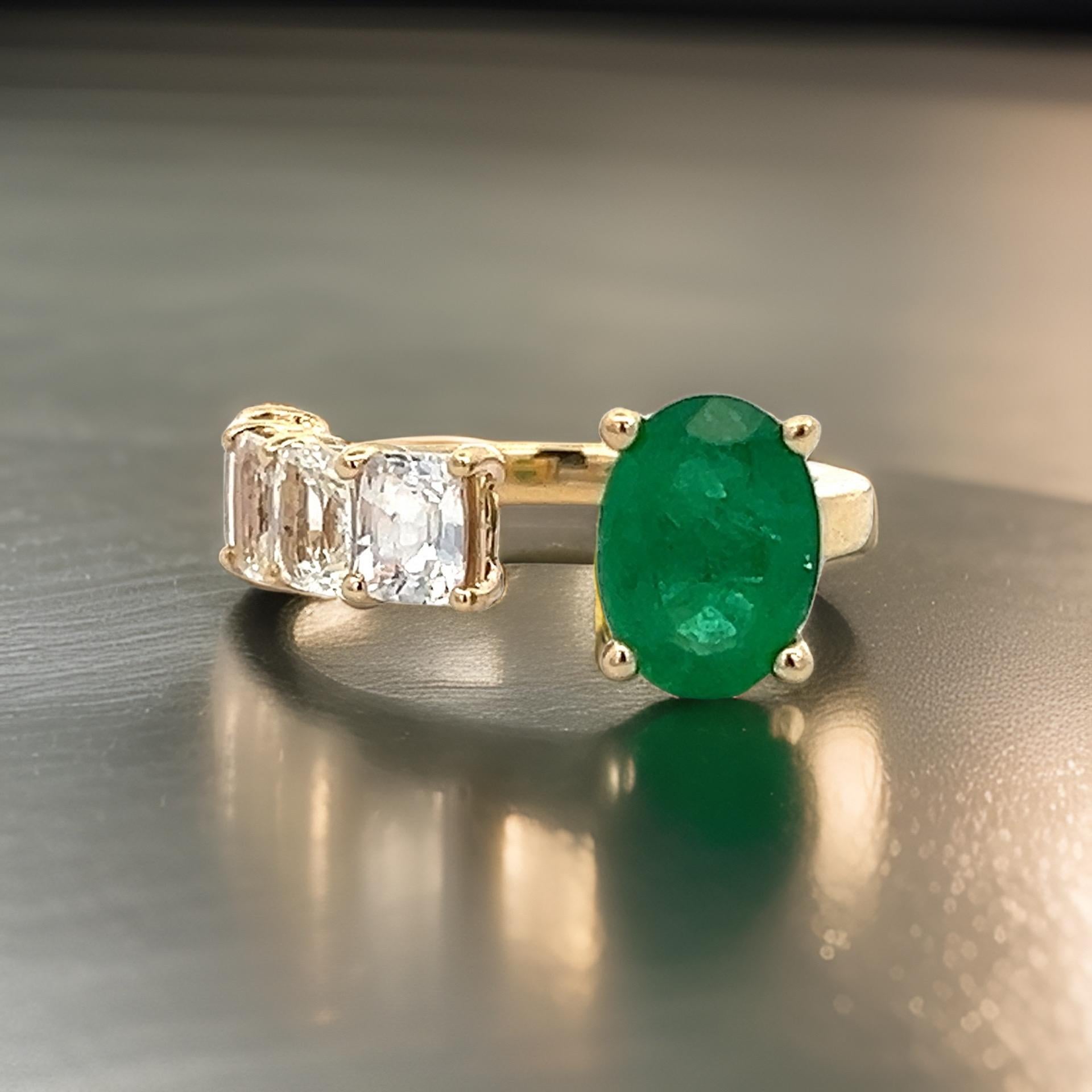 Natural Emerald and White Sapphire Ring 6.5 14k Y Gold 4.05 TCW Certified For Sale 13