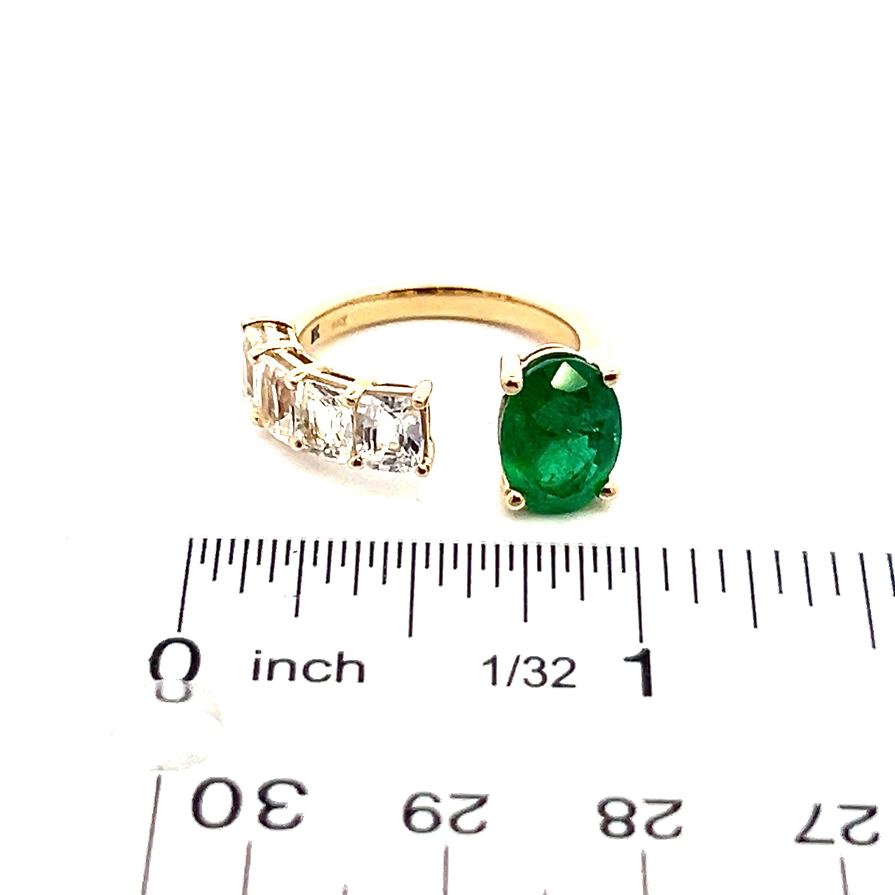 Natural Emerald and White Sapphire Ring 6.5 14k Y Gold 4.05 TCW Certified For Sale 14