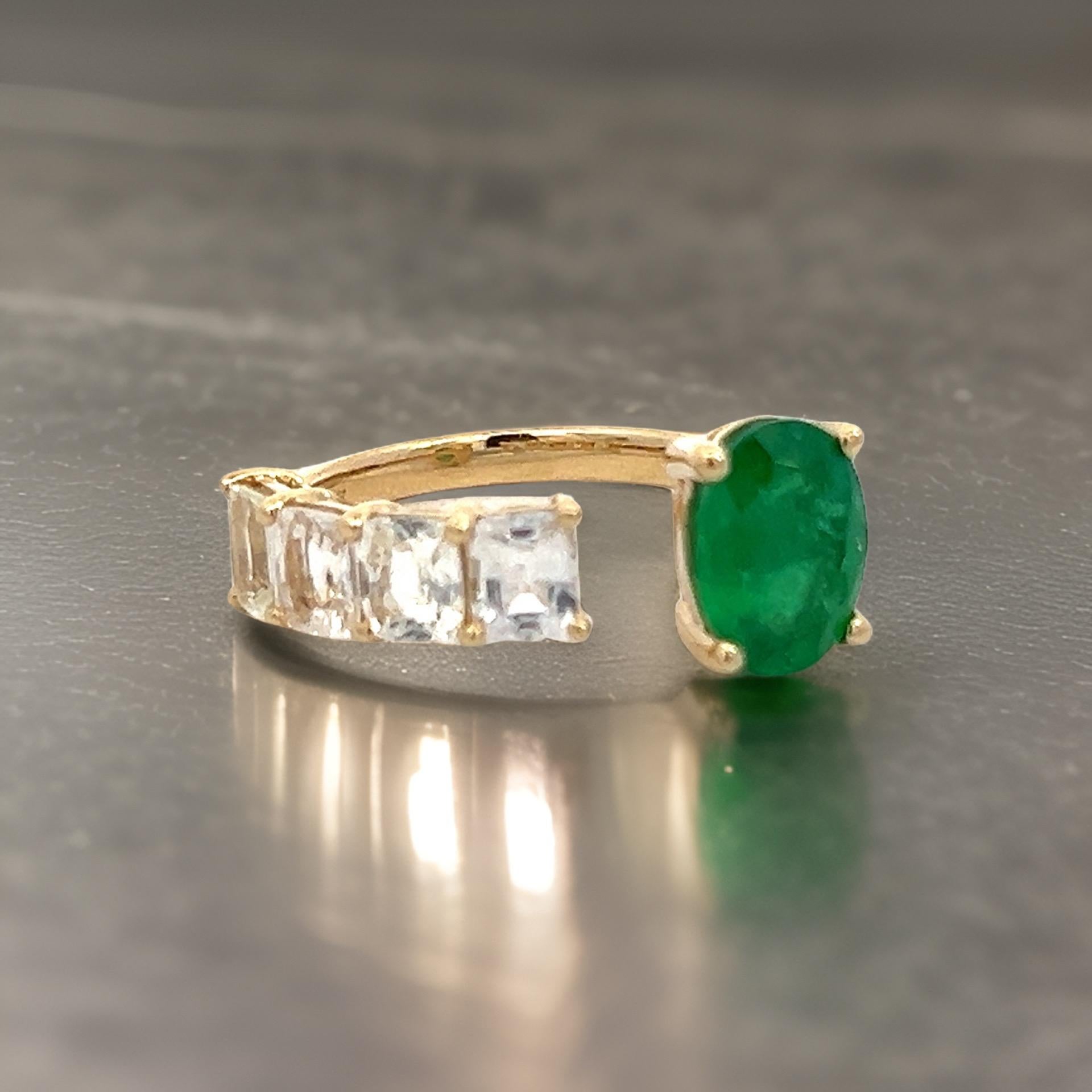 Natural Emerald and White Sapphire Ring 6.5 14k Y Gold 4.05 TCW Certified For Sale 2