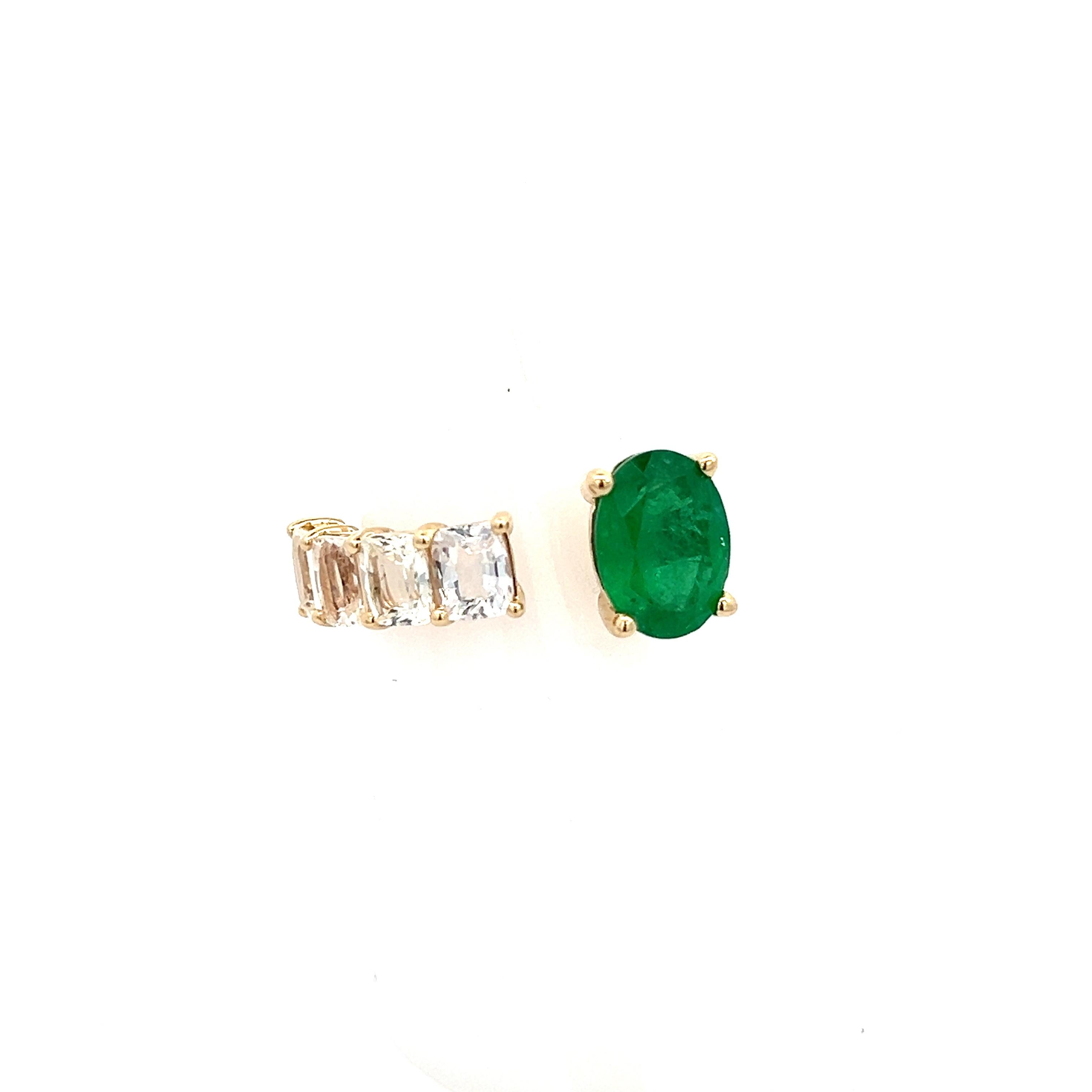 Natural Emerald and White Sapphire Ring 6.5 14k Y Gold 4.05 TCW Certified For Sale 3