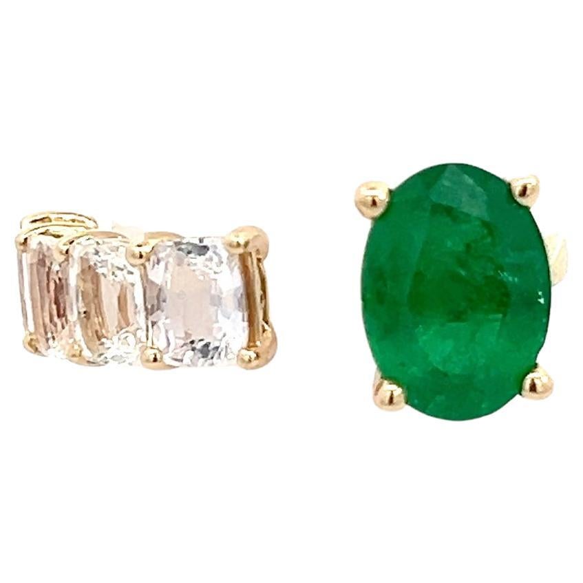 Natural Emerald and White Sapphire Ring 6.5 14k Y Gold 4.05 TCW Certified For Sale