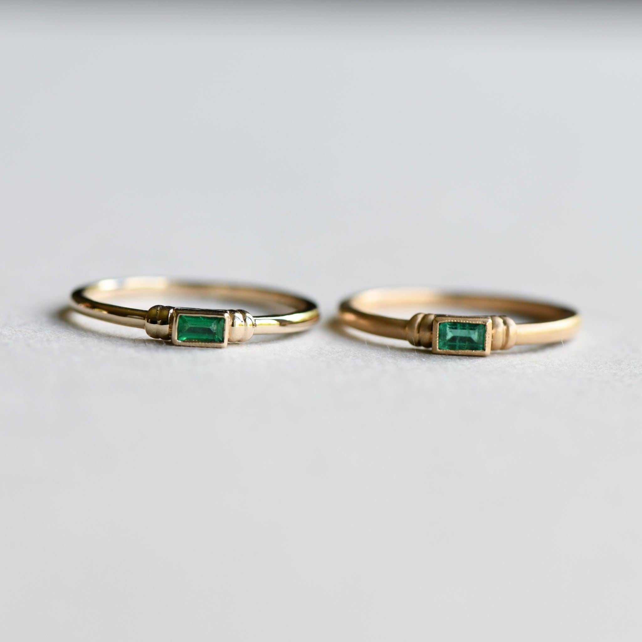 For Sale:  Natural Emerald Baguette Ring, Sanded Finished Baguette Emerald in 14 Karat Gold 5