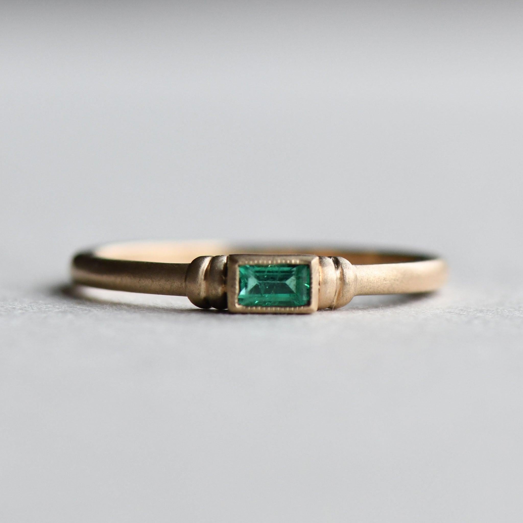 For Sale:  Natural Emerald Baguette Ring, Sanded Finished Baguette Emerald in 14 Karat Gold 8