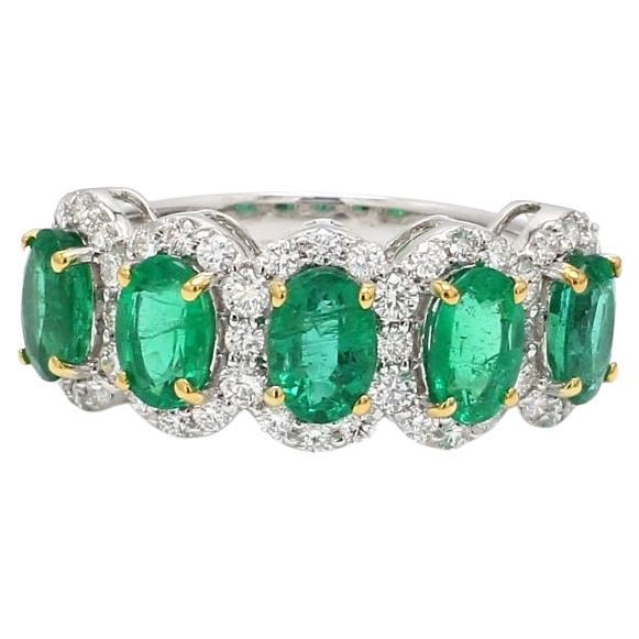 Natural emerald band ring with diamonds in 18k gold