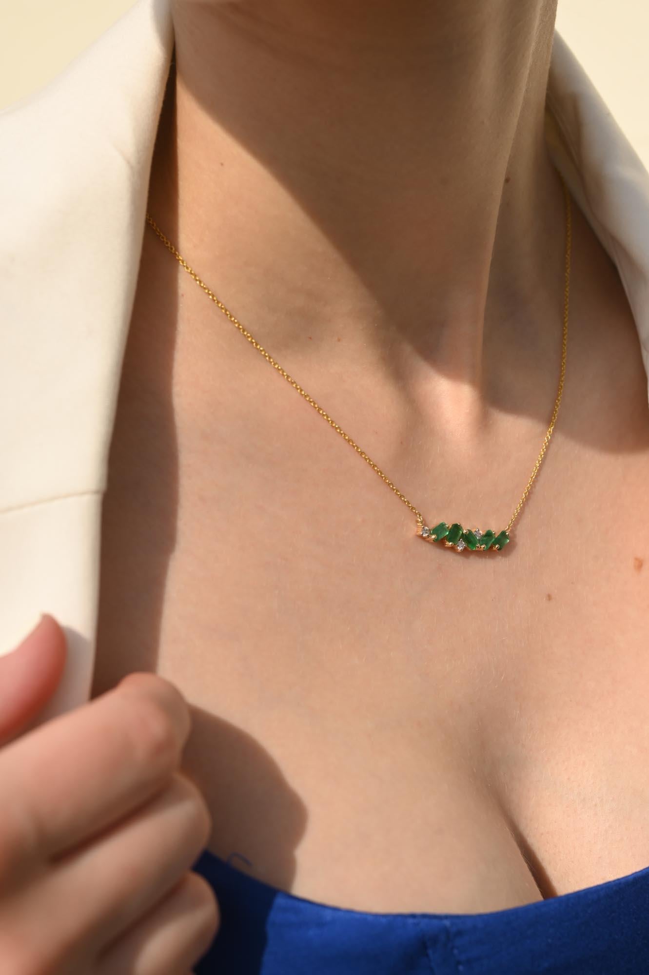 Emerald Bar Pendant Necklace with Diamonds 14k Yellow Gold, Thanksgiving Gift For Sale 5