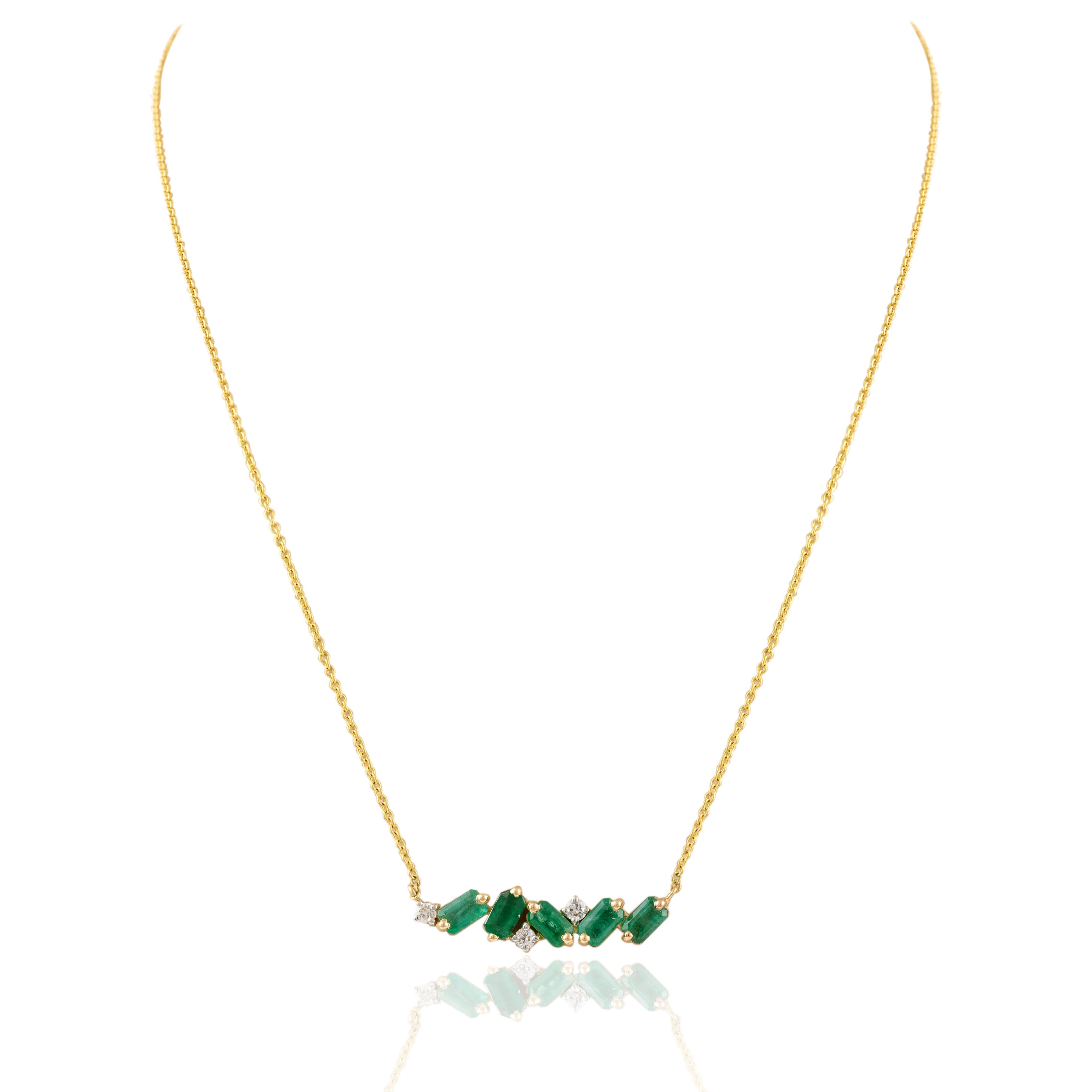 Modernist Emerald Bar Pendant Necklace with Diamonds 14k Yellow Gold, Thanksgiving Gift For Sale