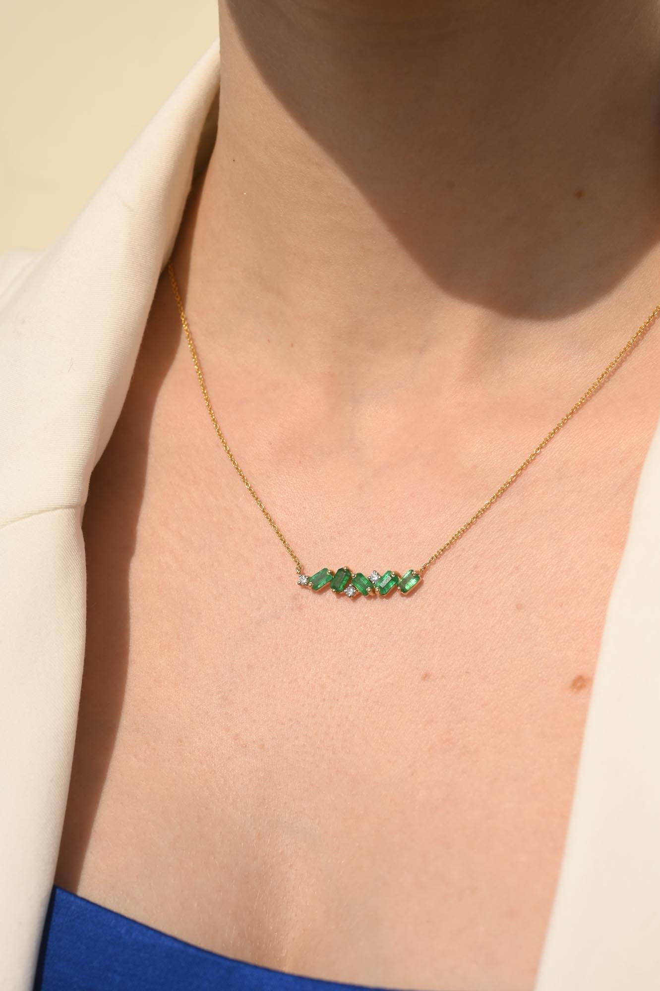 Women's Emerald Bar Pendant Necklace with Diamonds 14k Yellow Gold, Thanksgiving Gift For Sale