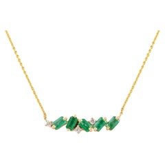 Emerald Bar Pendant Necklace with Diamonds 14k Yellow Gold, Thanksgiving Gift