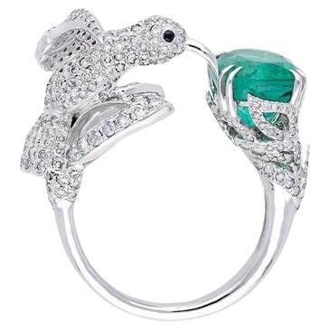 Natural Emerald Bird Ring / 18k White Gold Diamond Cocktail Ring