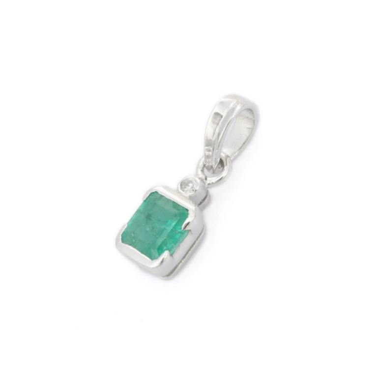 Natural Emerald Birthstone Diamond Pendant in sterling silver studded with octagon cut emerald and round cut diamonds. This stunning piece of jewelry instantly elevates a casual look or dressy outfit.
Emerald brings energy, calmness and happiness